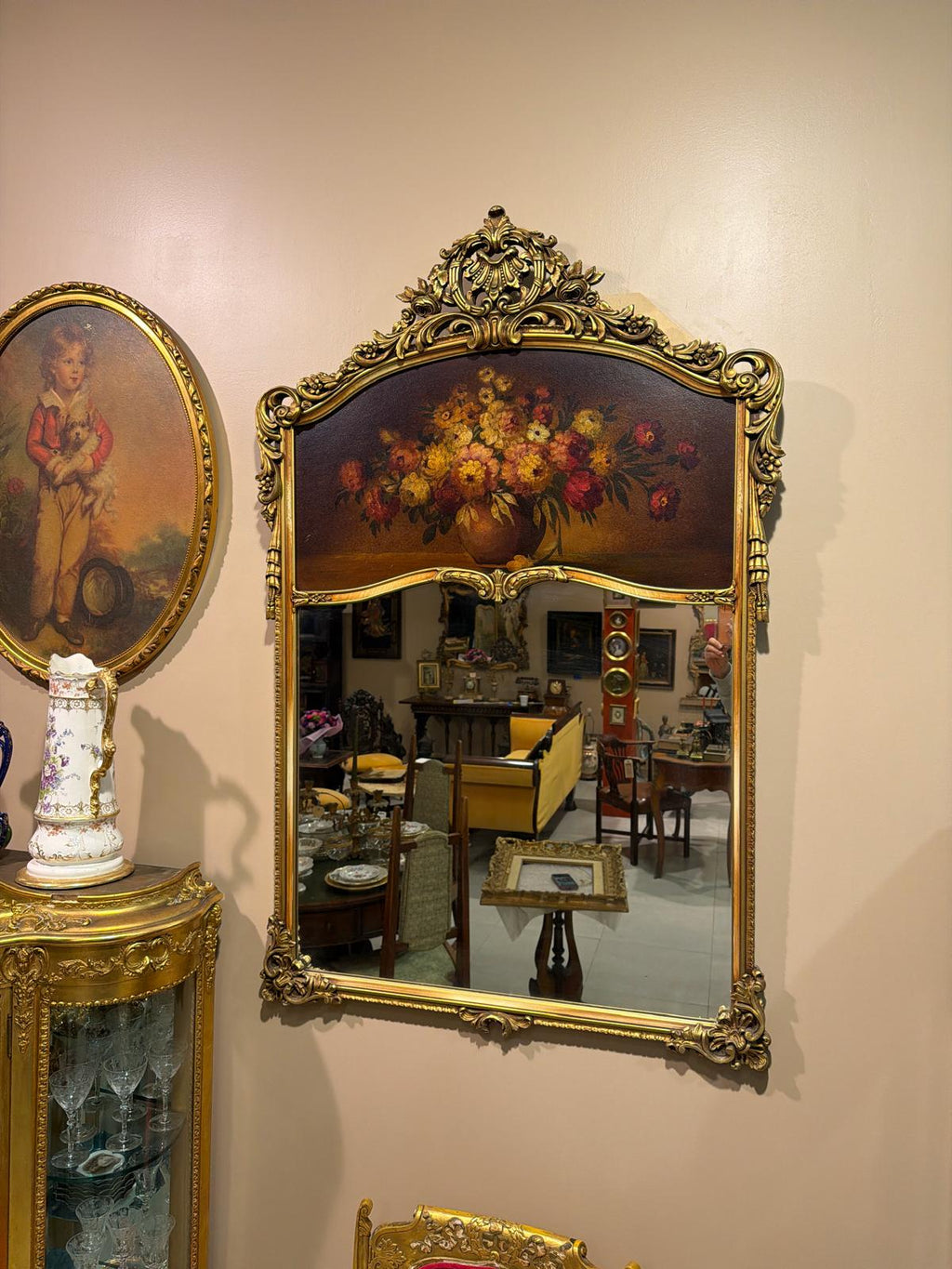 Antique French Rococo Style Gilt Wood Trumeau Mirror with Hand-Painted Floral Panel
