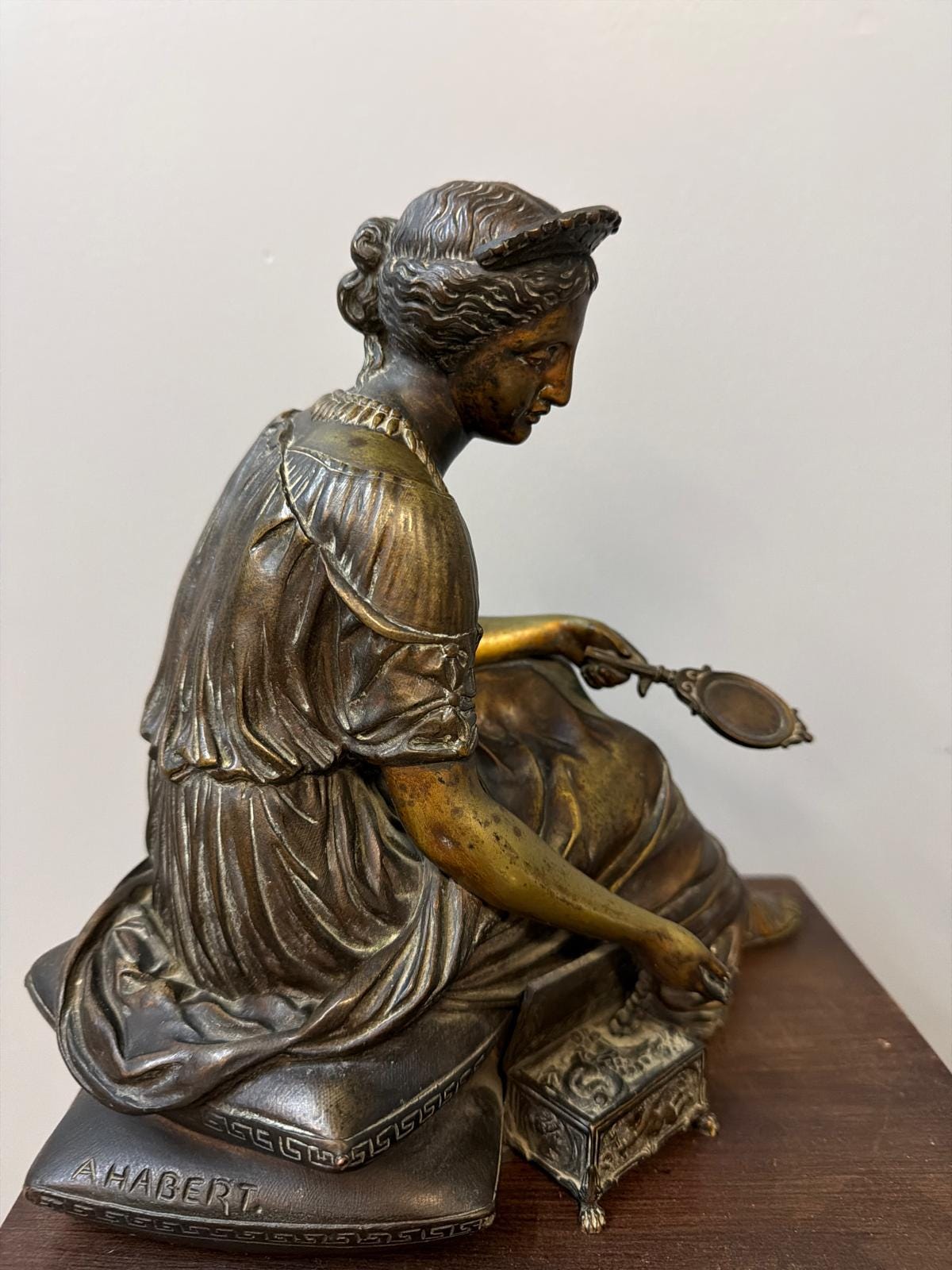 Antique French Bronze Sculpture: Neo-Classical Seated Woman with Mirror, Signed A. Habert