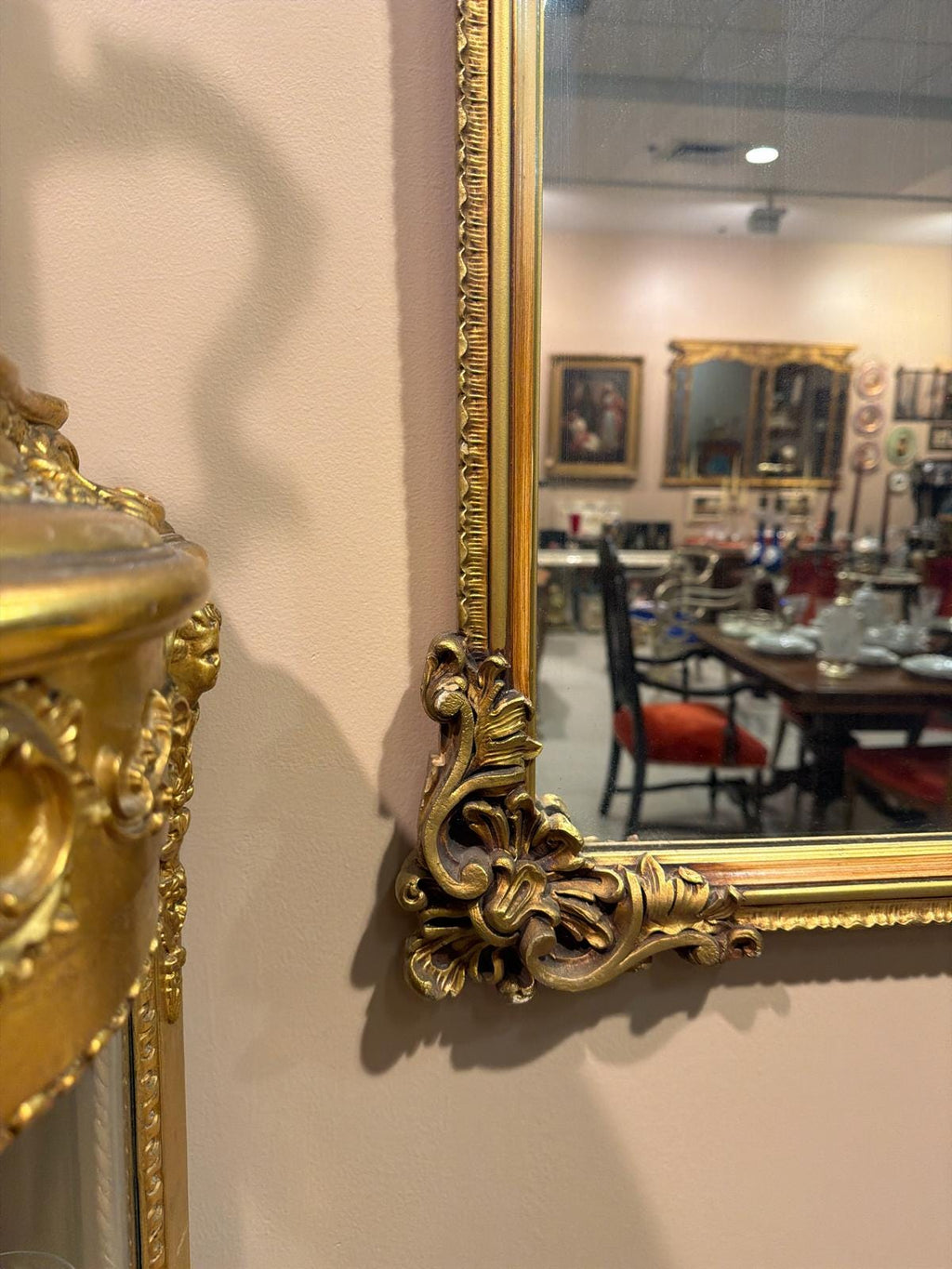 Antique French Rococo Style Gilt Wood Trumeau Mirror with Hand-Painted Floral Panel