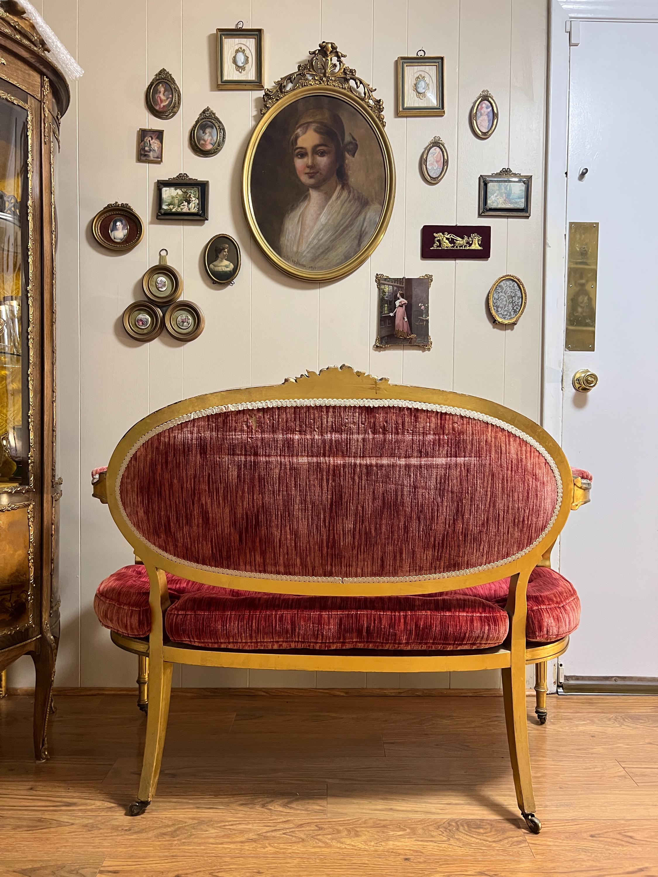 Antique French Louis XVI style Wooden Red Velvet Settee Sofa Antique French Gilded Hand-Carved Wood  Gold Gilt Elegant Furniture Loveseat