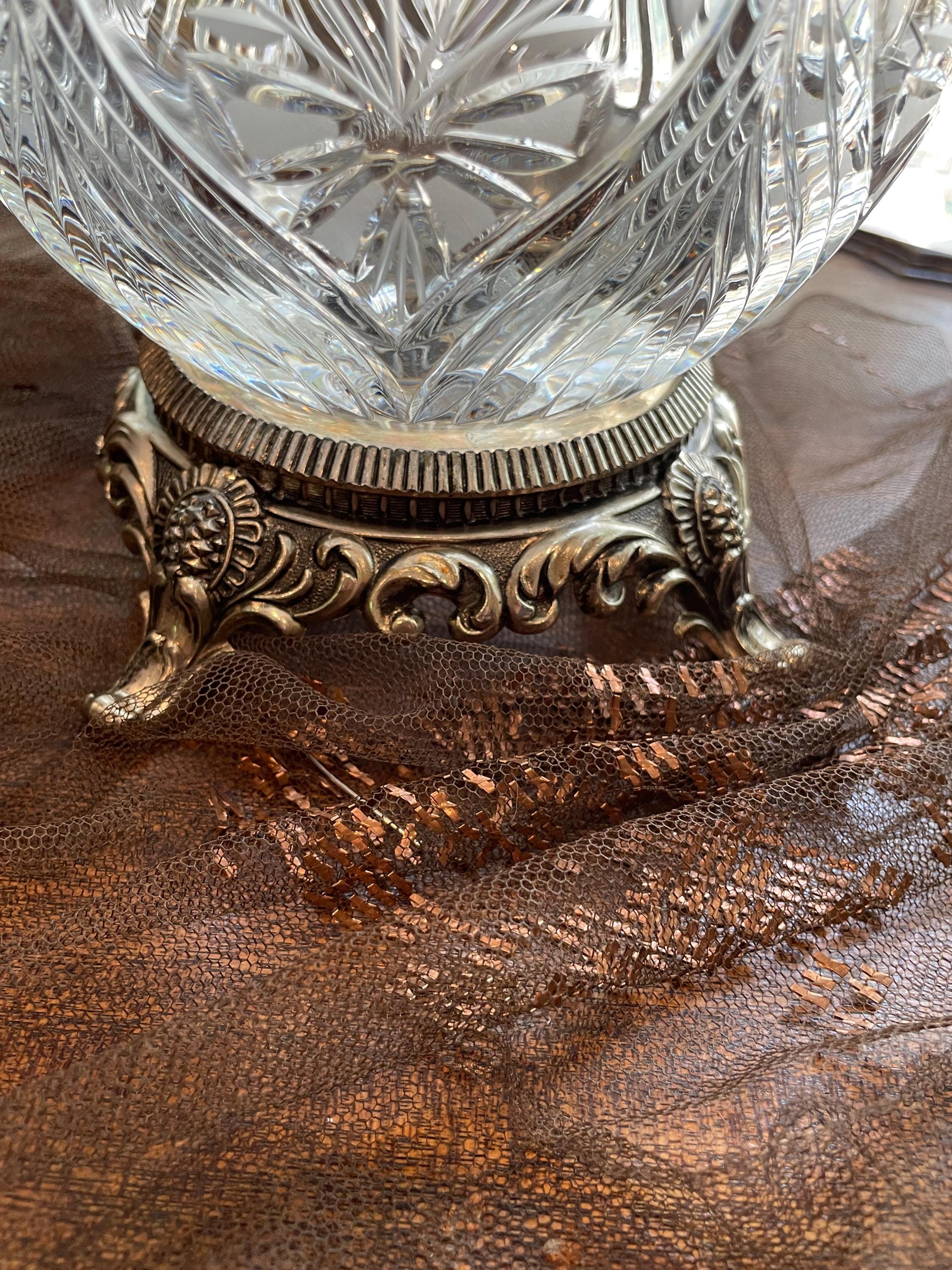 Cut Crystal Bowl Ornate Footed Metal Base Vintage Decorative Centerpiece Elegant Clear Glass Display Collectible Home Decor Statement Piece
