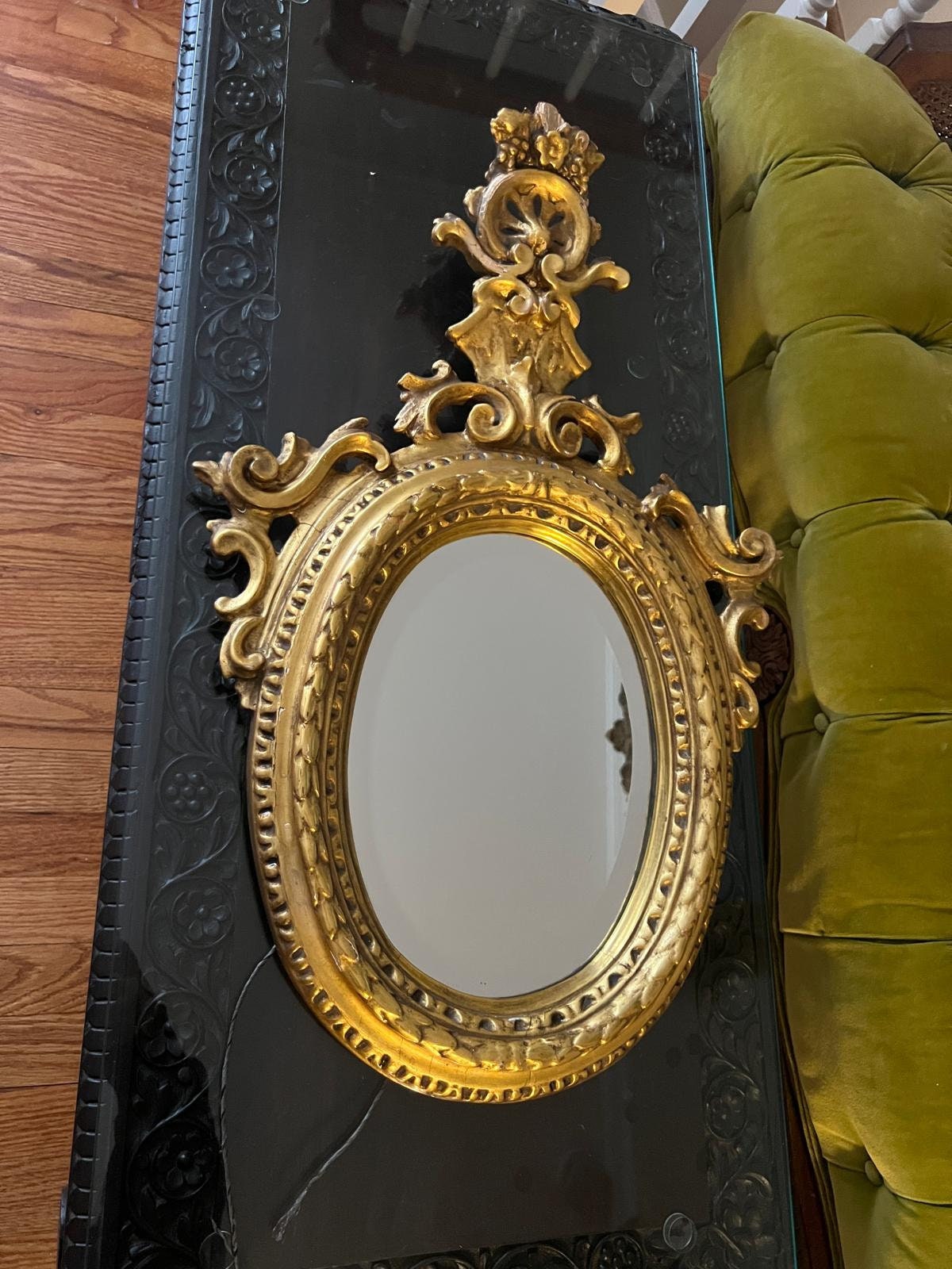 Antique Baroque Style Oval Wall Mirror Gold Gilt Frame Floral Crown Crest Elegant Carved Wood Accent Vintage French Style Mirror Decor