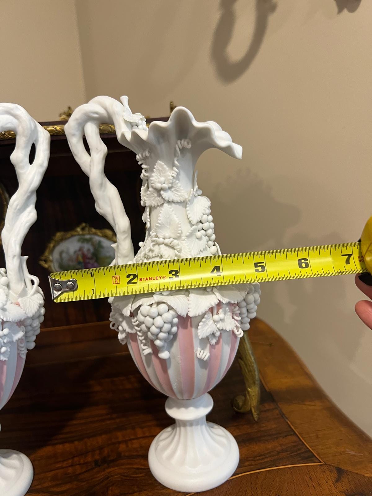 Vintage Porcelain Grape Motif Pink White Mantel Vases Pair Rococo Style Ornate Pedestal Urns Shabby French Country Cottage Chic Decorative