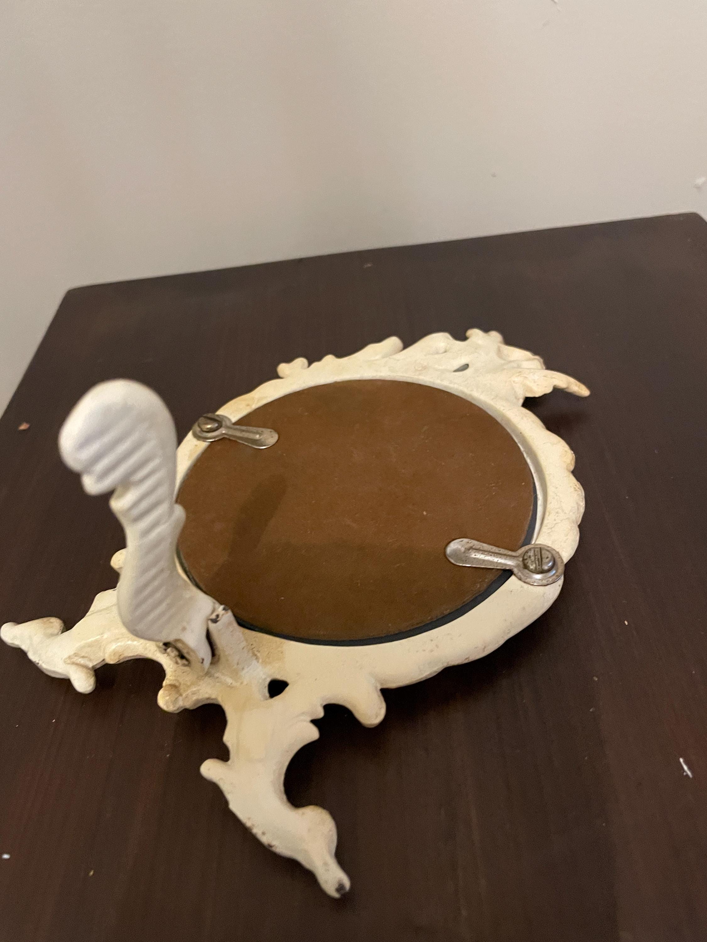 Vintage Ornate Tabletop with Cherub Accent Rococo Style Distressed White Finish Collectible Vanity Deco Antique Inspired Design Mirror