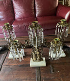 Antique Set of 3 Victorian Bronze Candlestick Girandole  Figural Ornate Crystal Prism  Marble Base Candleholder Mid 1800s