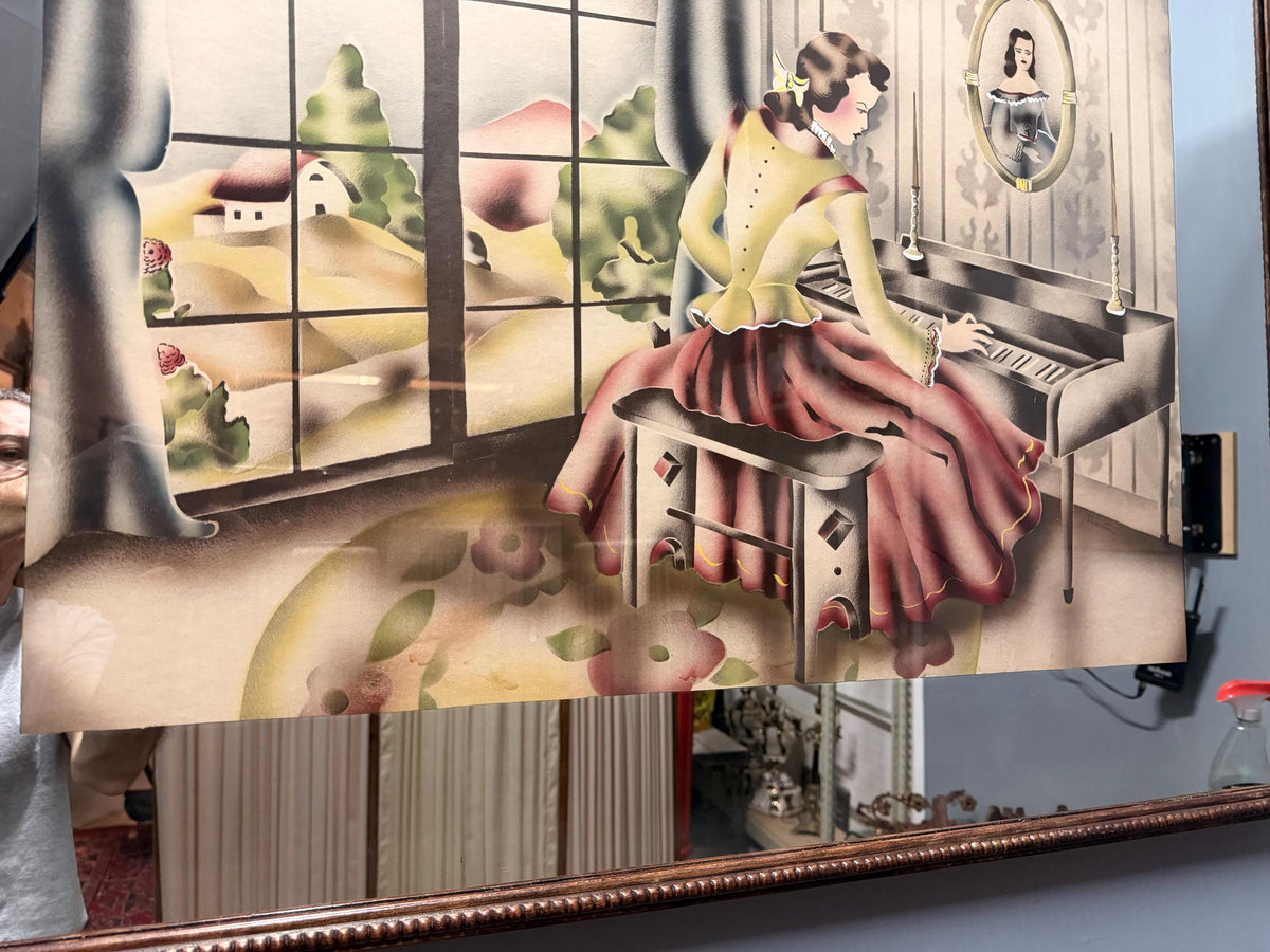 Vintage Art Deco Picture Mirror Lady at Piano Reverse Painted Airbrushed Boudoir Wall Mirror