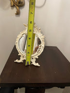 Vintage Ornate Tabletop with Cherub Accent Rococo Style Distressed White Finish Collectible Vanity Deco Antique Inspired Design Mirror