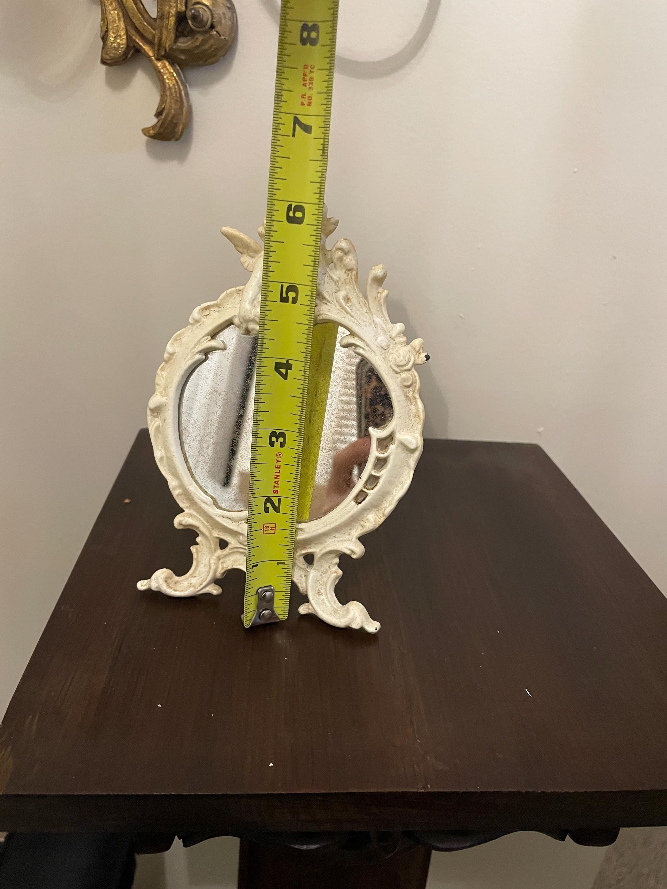 Vintage Ornate Tabletop with Cherub Accent Rococo Style Distressed White Finish Collectible Vanity Deco Antique Inspired Design Mirror