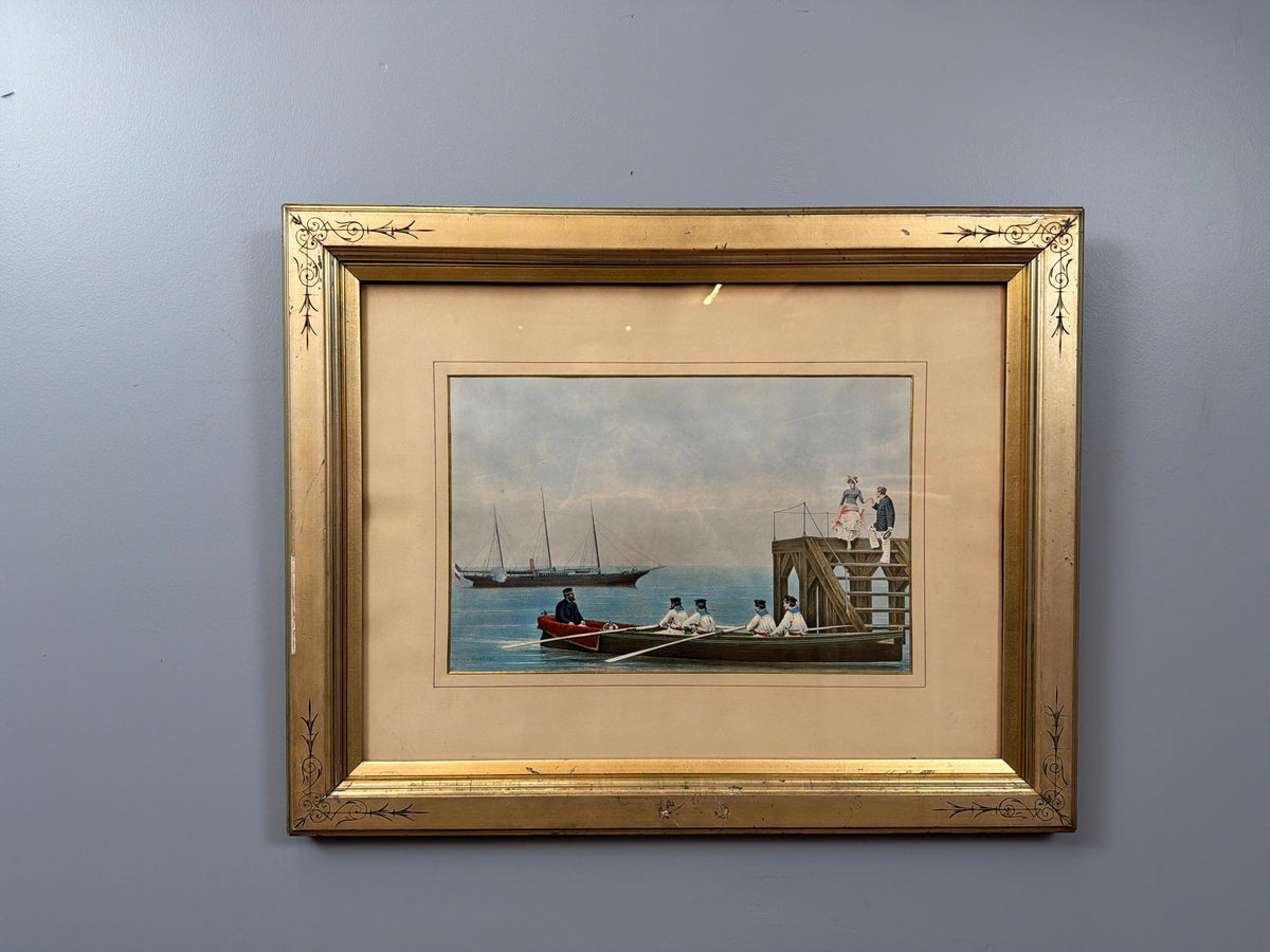 Romantic 19th Century French Maritime Scene Hand-Colored Lithograph After Jan van Beers, 1881, Vintage Frame Art