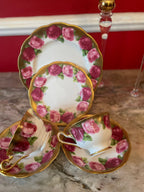 Vintage Set of 4 Royal Albert Gold Pink Floral Design Cups Saucers Dessert Plates.Made in England