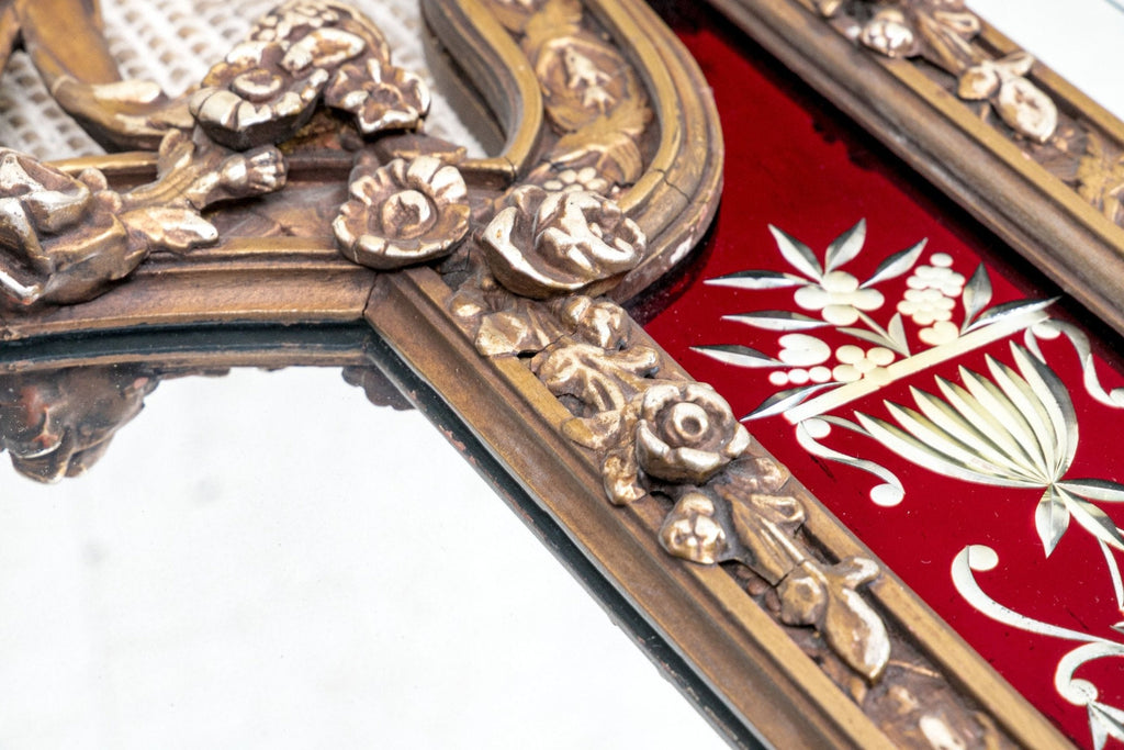 Antique Trifold Mirror Gilt Carved Frame Etched Glass Victorian Neoclassical Mirror Red Panel Impressive Etched 3 Part Large Mirror C 1840