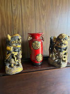 Antique Asian Foo Dog Sculptures Pair Hand Carved Guardian Lions Gold Accents Temple Decor Wood Figurines Home Collectible Art Statue
