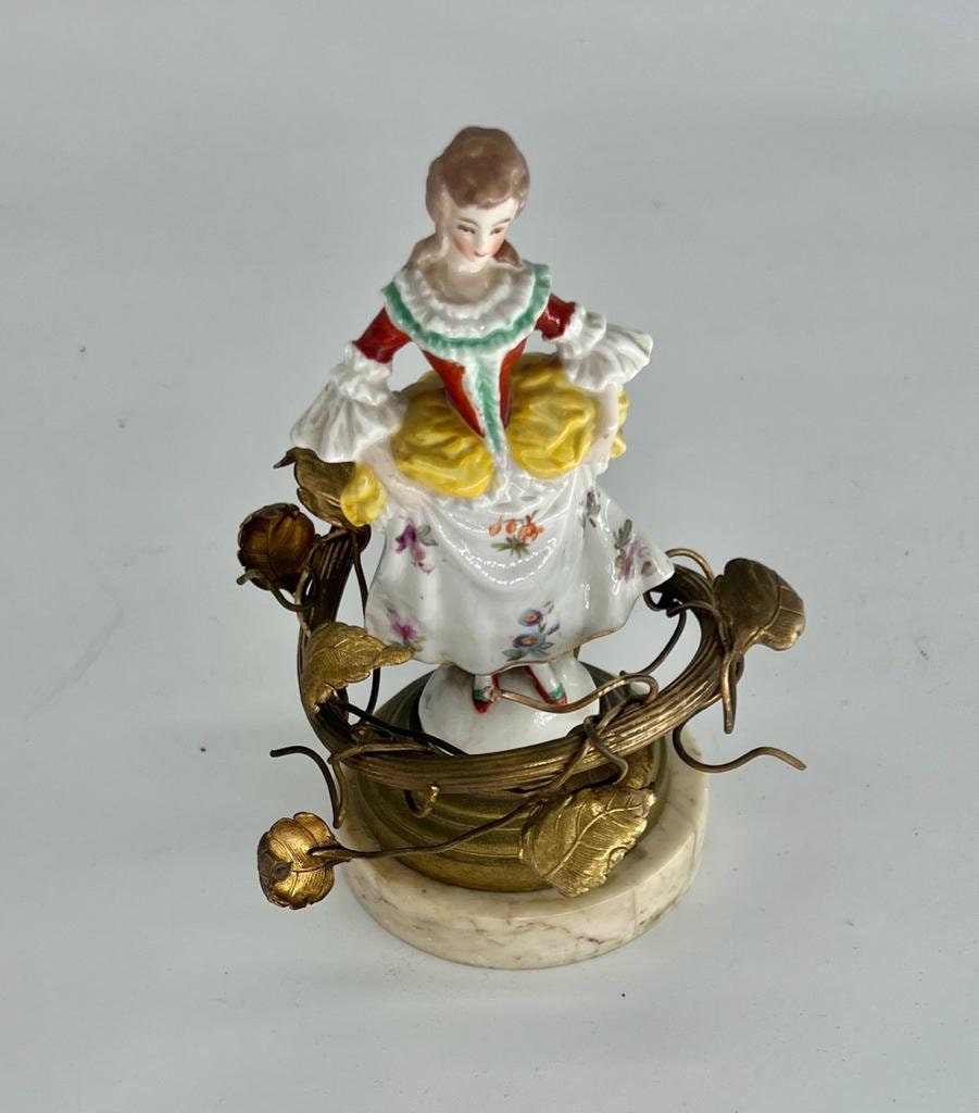 Vintage German Porcelain Lady Figurine Lamp Gilt Brass Floral Vines Rococo Style Marble Base Table Accent Lighting Collectible Decoration