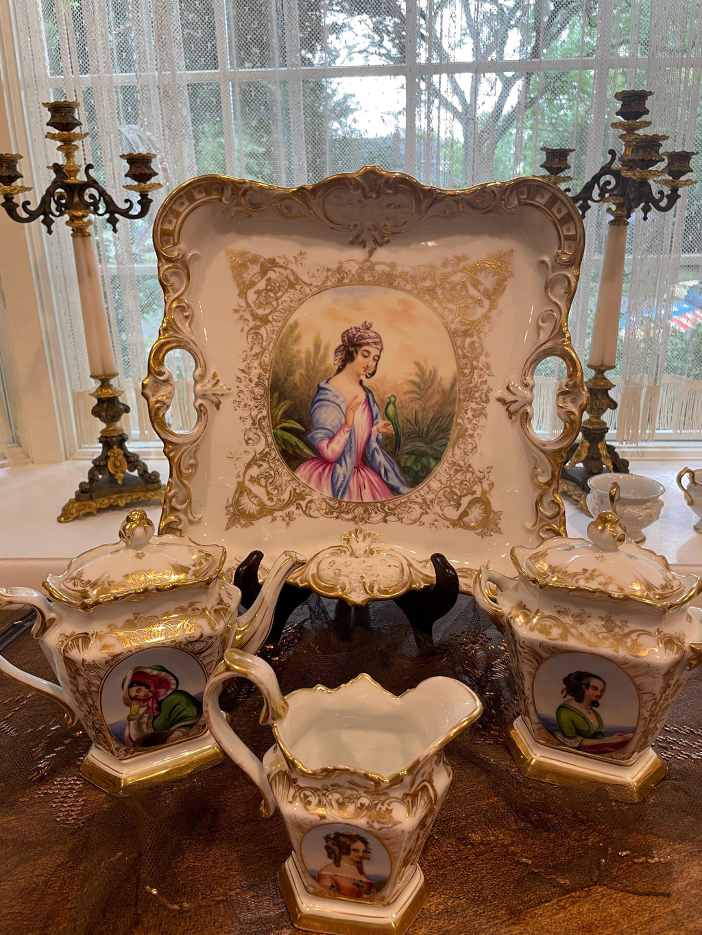 Very Old Paris Portrait Gold Gilt Porcelain Hand Painted Creamer Sugar Bowl Coffee Pot Victorian Ornate Gilded Serving Tray French Tea Set