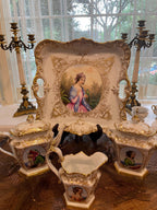 Very Old Paris Portrait Gold Gilt Porcelain Hand Painted Creamer Sugar Bowl Coffee Pot Victorian Ornate Gilded Serving Tray French Tea Set