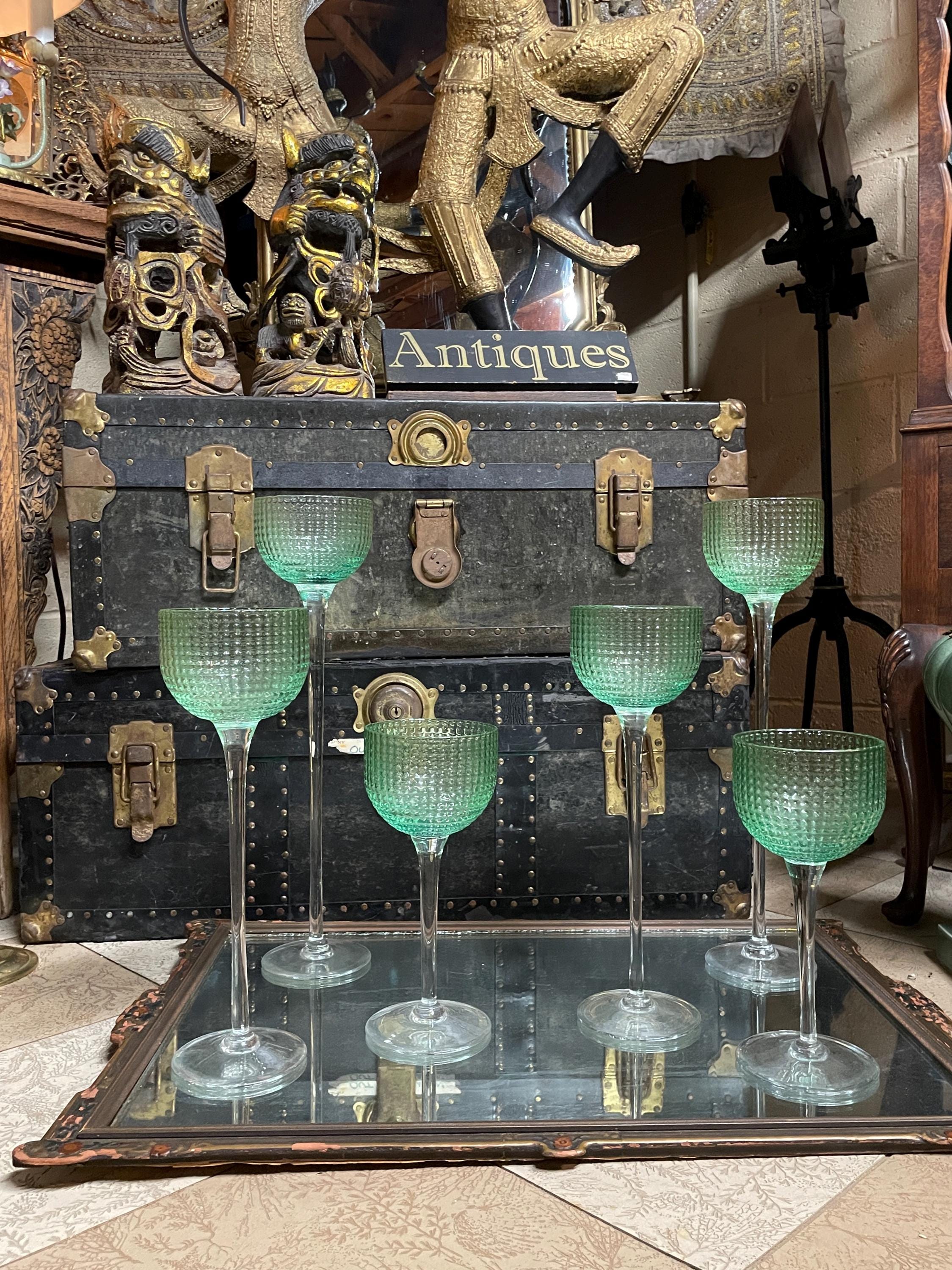 Vintage Tall Green Hobnail Glasses Set of 5 Cocktail Art Deco Glassware Goblets Multi-Purpose Glasses Decorative Vases Candlestick Holders