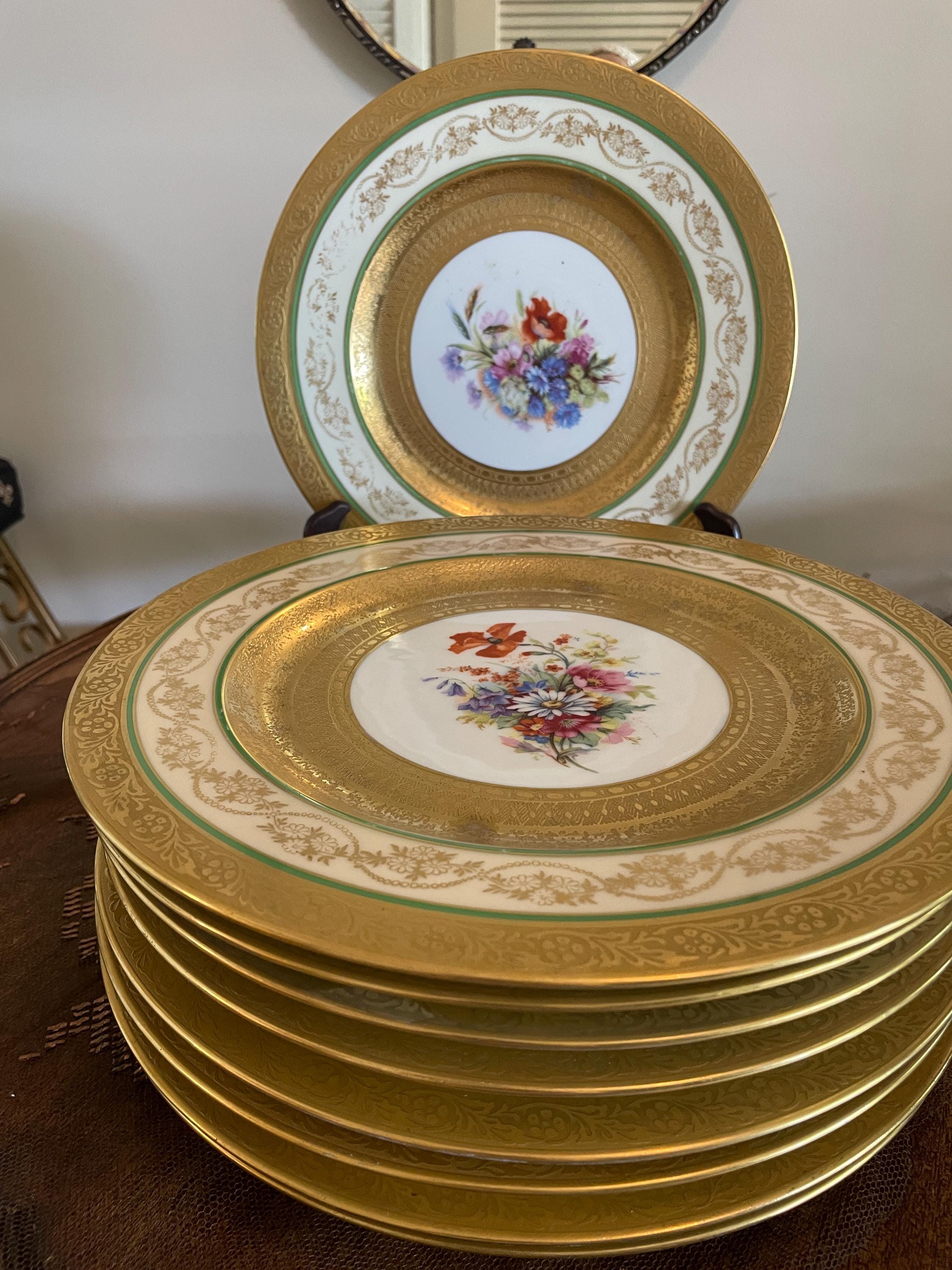 Vintage Bavaria Gold Gilded Floral Porcelain Dinner Plates Set of 9 Hand Painted Green Band Tableware Set Collectible Plates Dinnerware Set