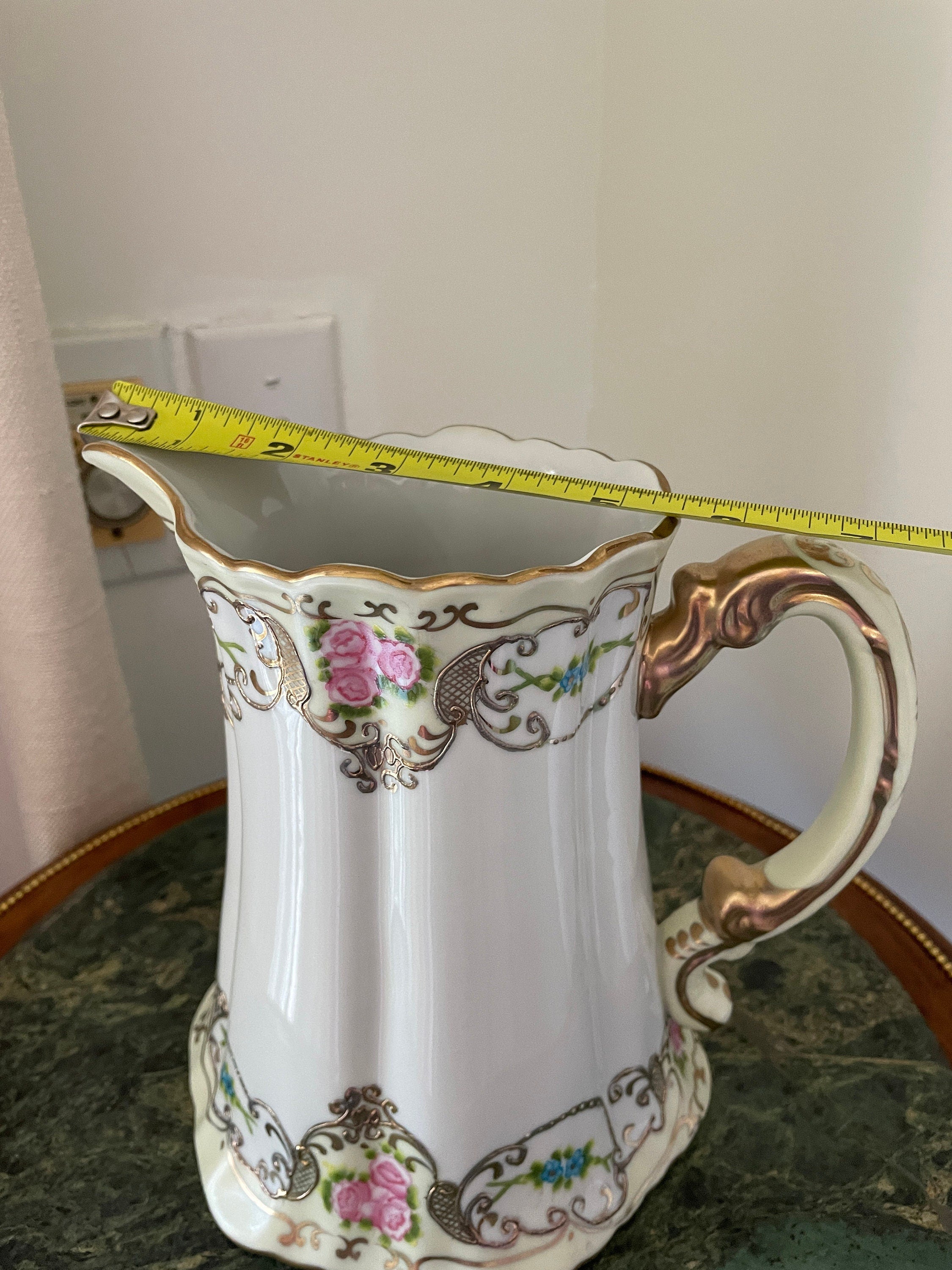 Antique Victorian Floral Hand Painted Porcelain  Pitcher Gold Gilt