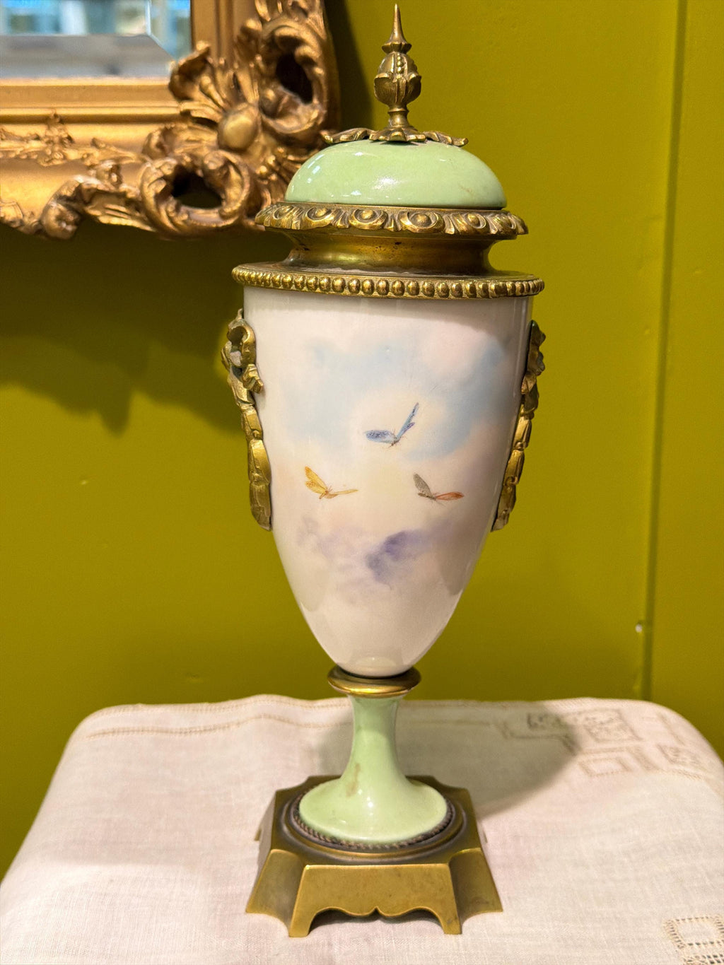 Antique French Porcelain Ormolu Lidded Urn Vase, Cherub Putti Painted Decorative Vase