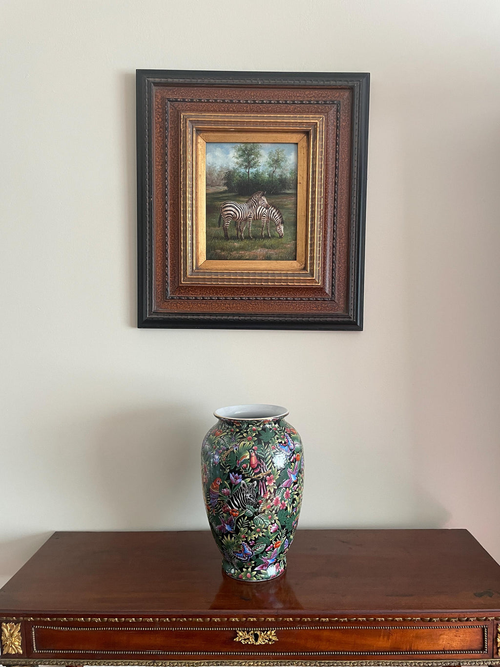 Vintage Matching Hand-Painted Vase Framed Oil Painting Set Zebra Art Wildlife Vase Set Same Artist Wall Art Wood Frame Floral Animal Motifs