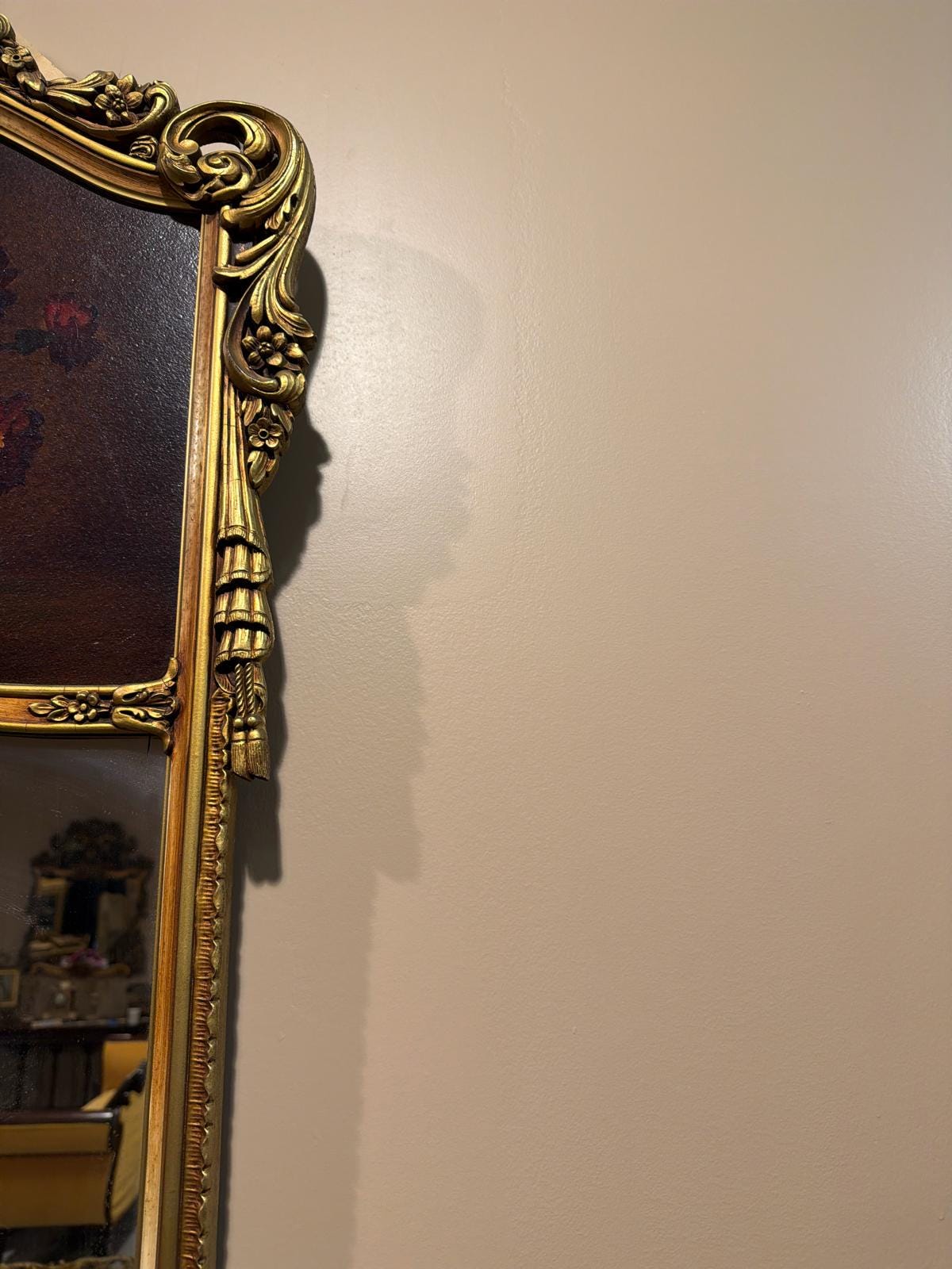 Antique French Rococo Style Gilt Wood Trumeau Mirror with Hand-Painted Floral Panel