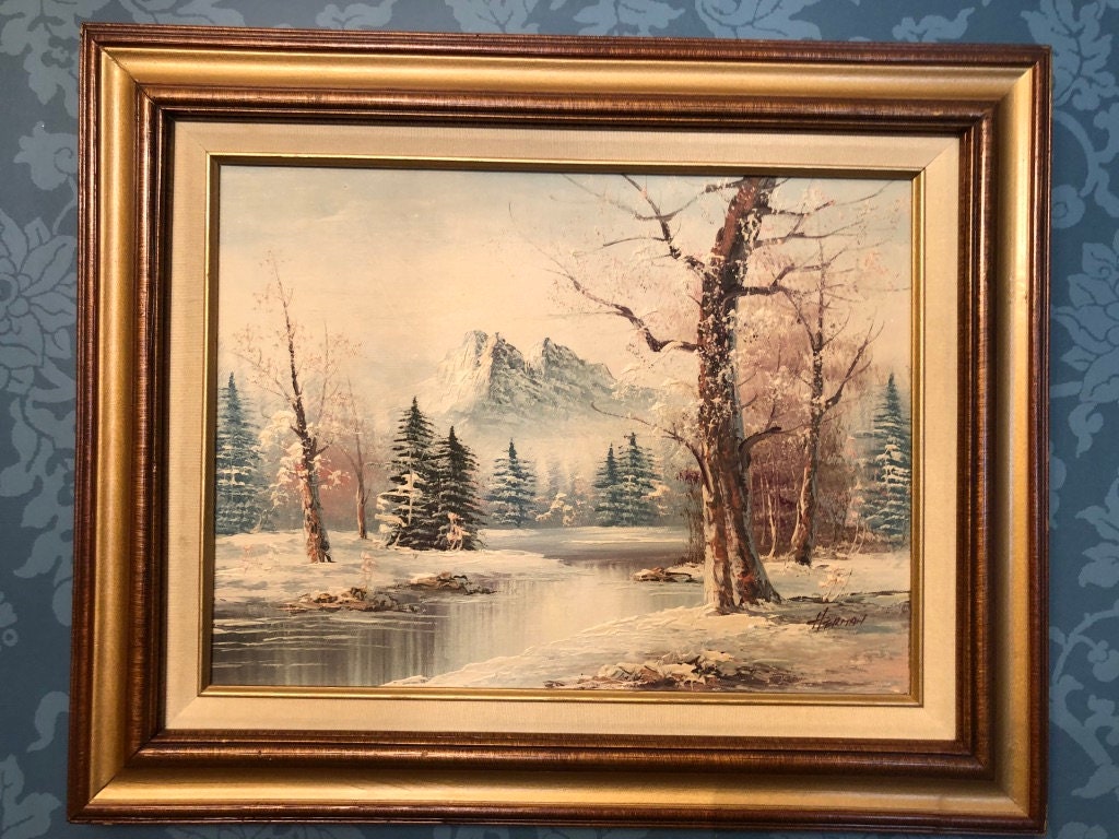 Vintage Oil Painting Winter Scene Snowy Art Landscape Wooden Framed Wall Art Gold / Brown Wood Frame Signed