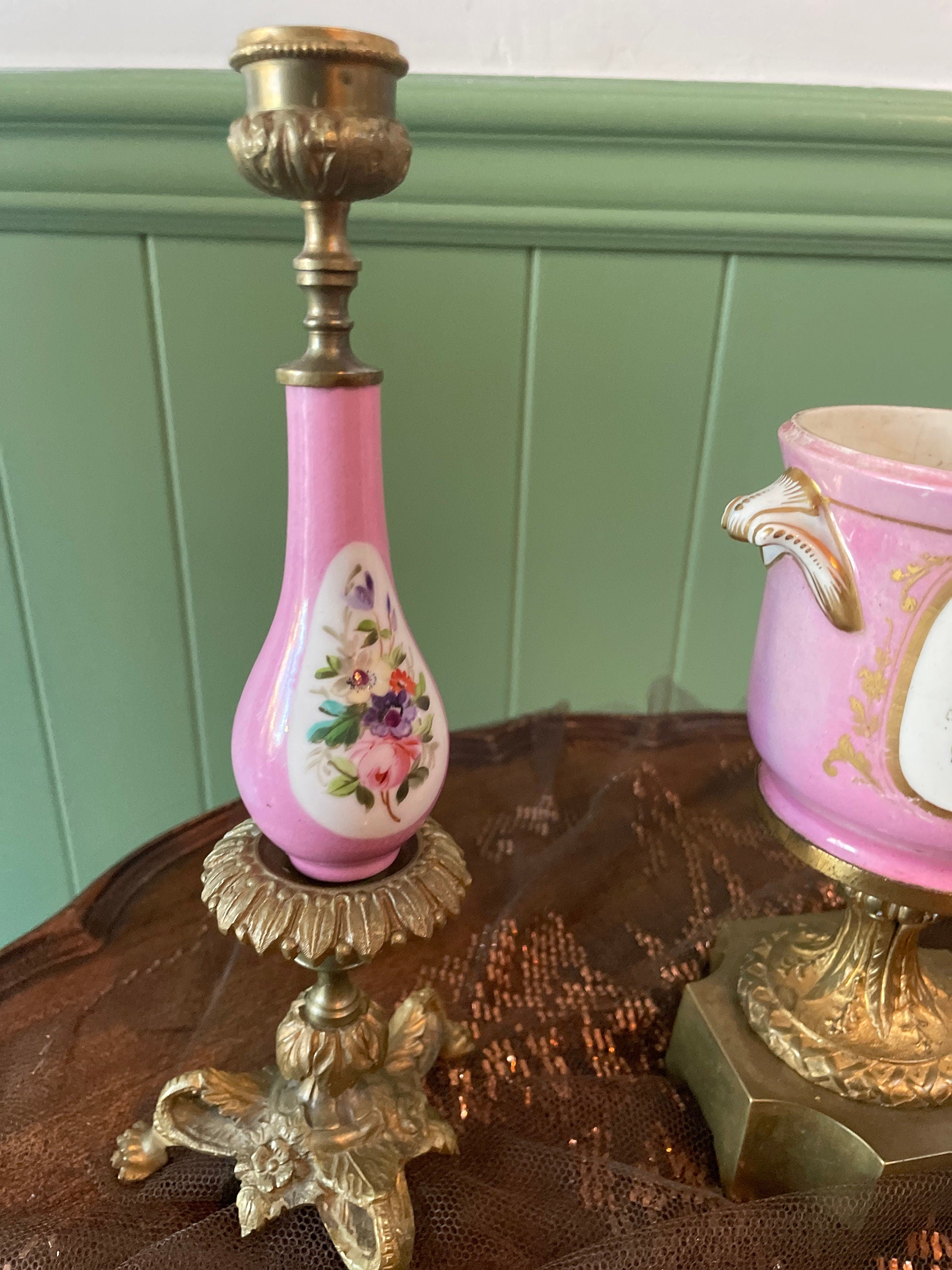 French Antique Porcelain Floral Centerpiece Pink Candlestick Set Brass Base Romantic Home Decor Table Accent Elegant Vintage Display