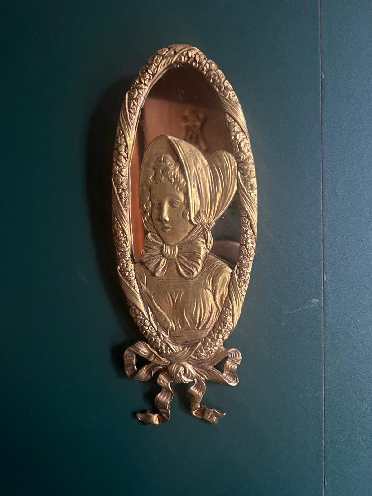 Vintage Gold Tone Wall Plaque Oval Portrait of Woman in Bonnet Victorian Style Embossed Decorative Hanging Art Home Accent Ribbon Detail