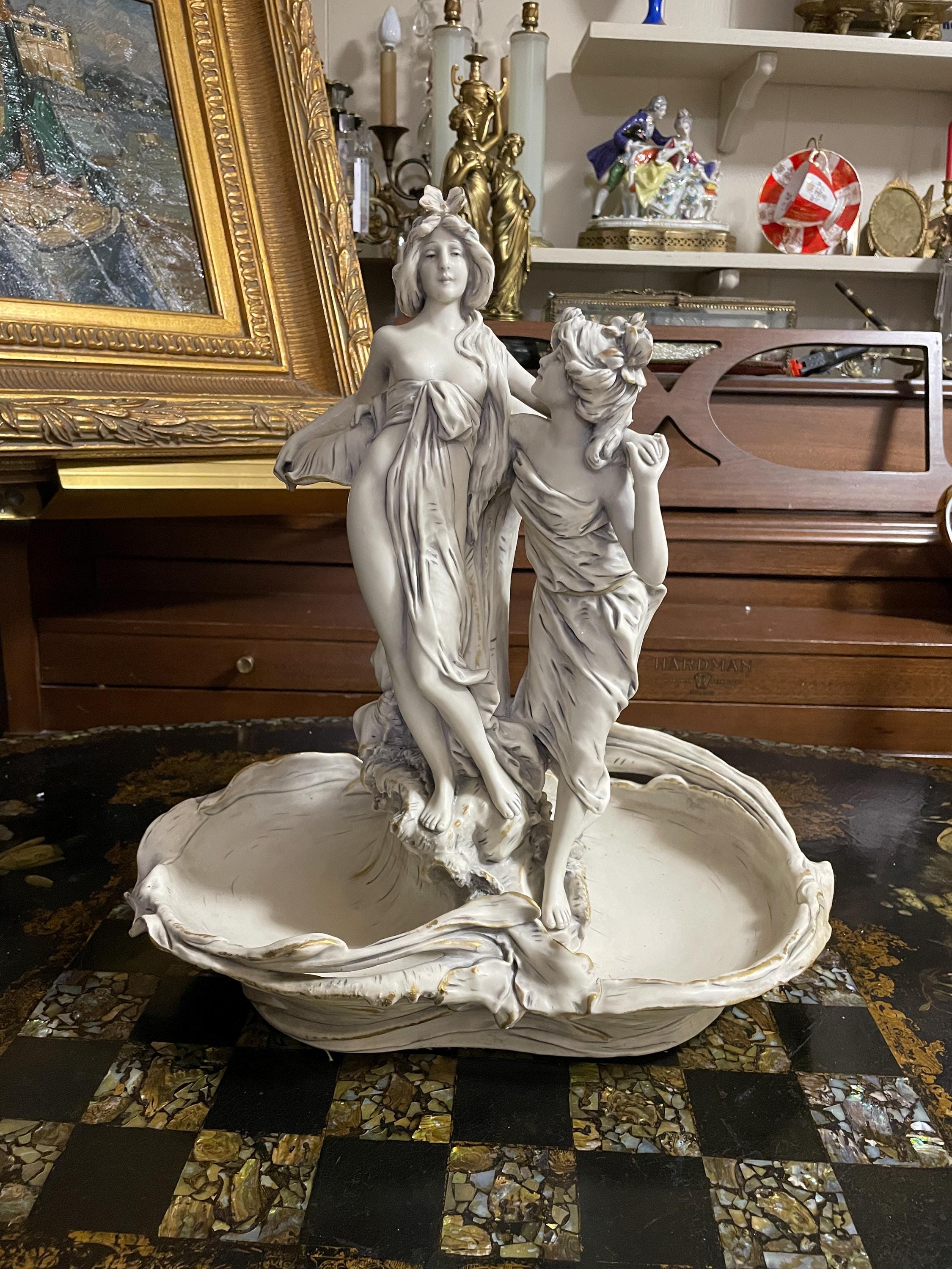 Vintage Italian Capodimonte Porcelain Figurine Centerpiece Dish with Art Nouveau Maidens Circa 20th Century Exquisite Collectible Home Decor