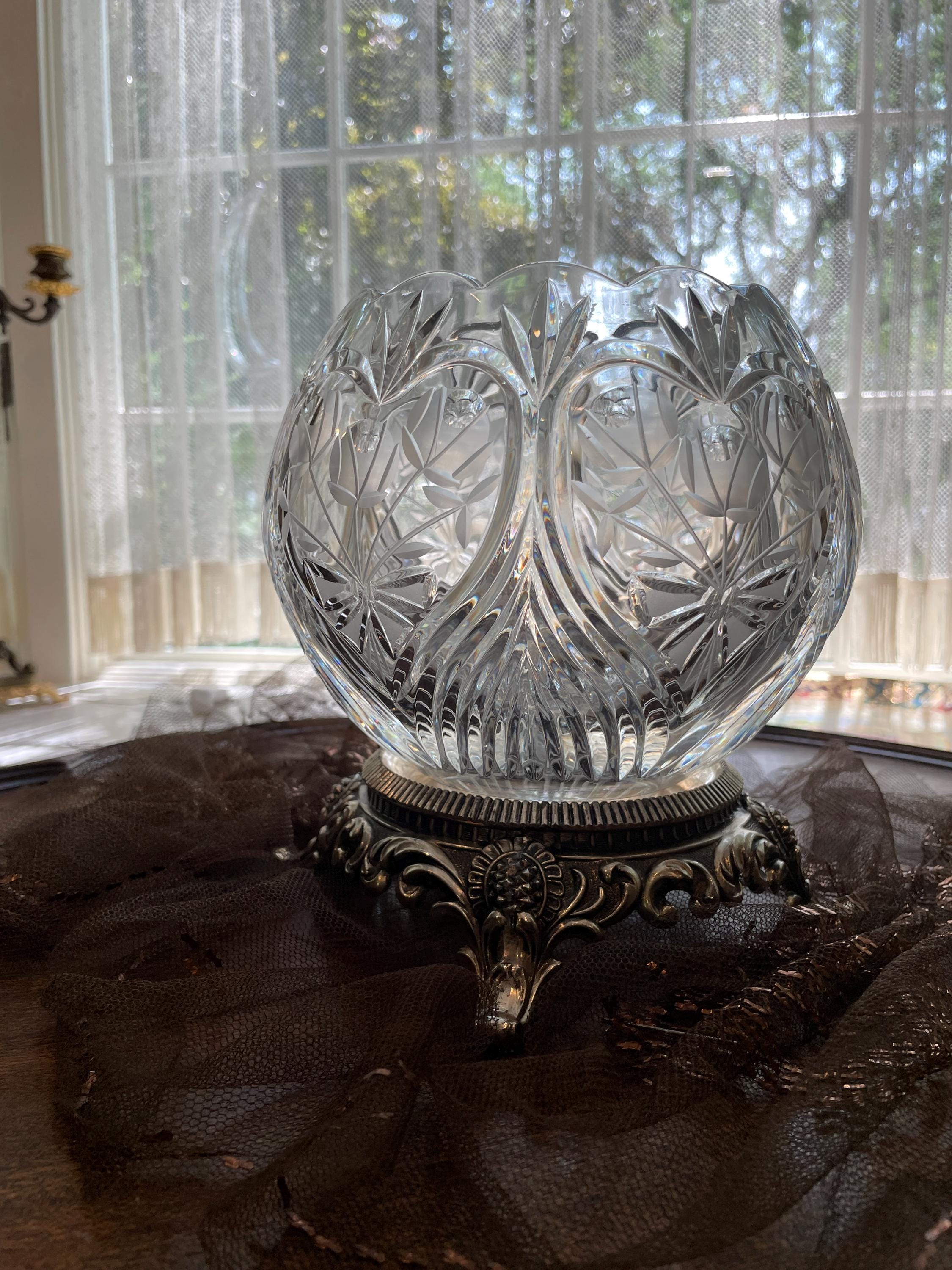 Cut Crystal Bowl Ornate Footed Metal Base Vintage Decorative Centerpiece Elegant Clear Glass Display Collectible Home Decor Statement Piece