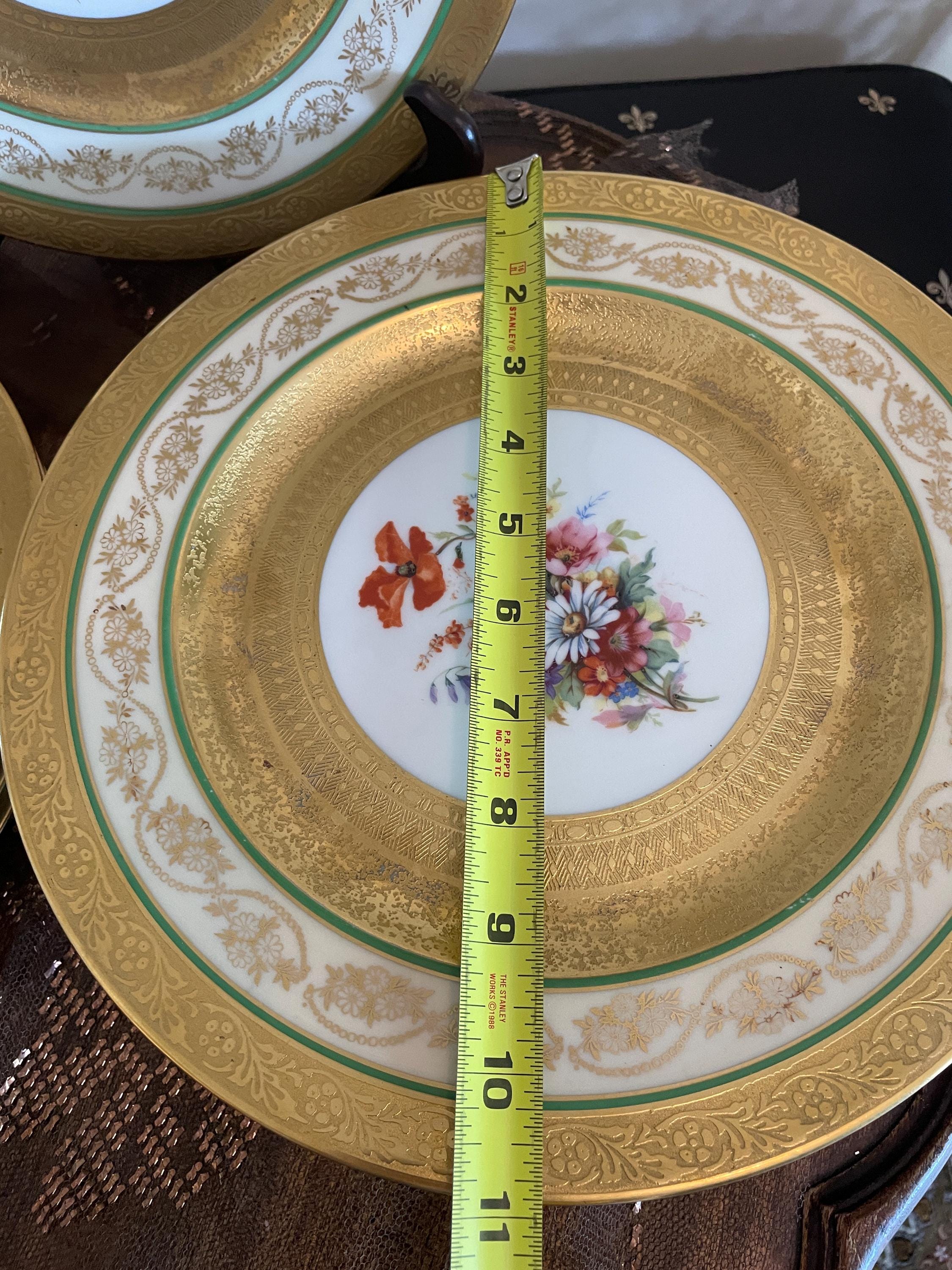 Vintage Bavaria Gold Gilded Floral Porcelain Dinner Plates Set of 9 Hand Painted Green Band Tableware Set Collectible Plates Dinnerware Set