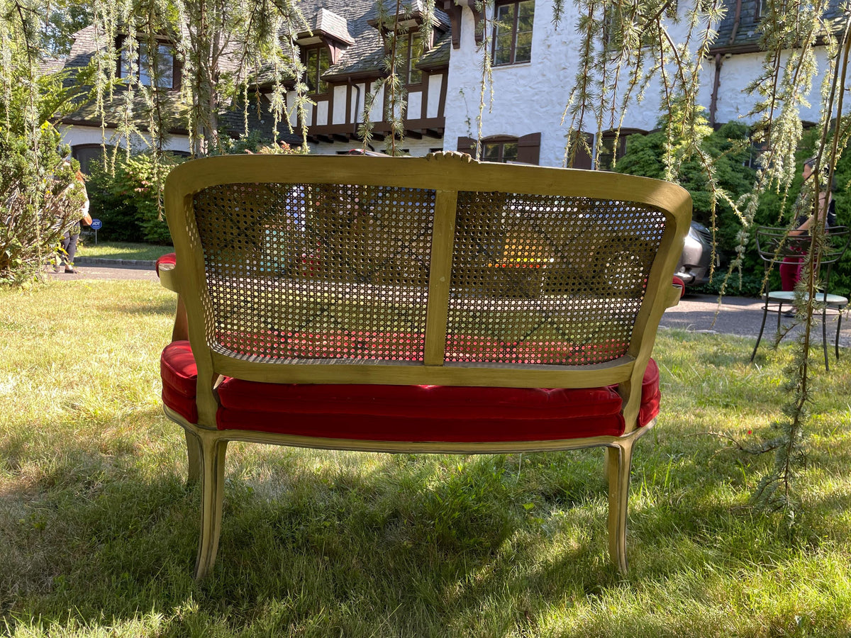 French Louis XV Style Vintage Caned Settee with Velvet Cushion Elegant Antique Bench Perfect for Home Décor Entryway or Living Room Seating