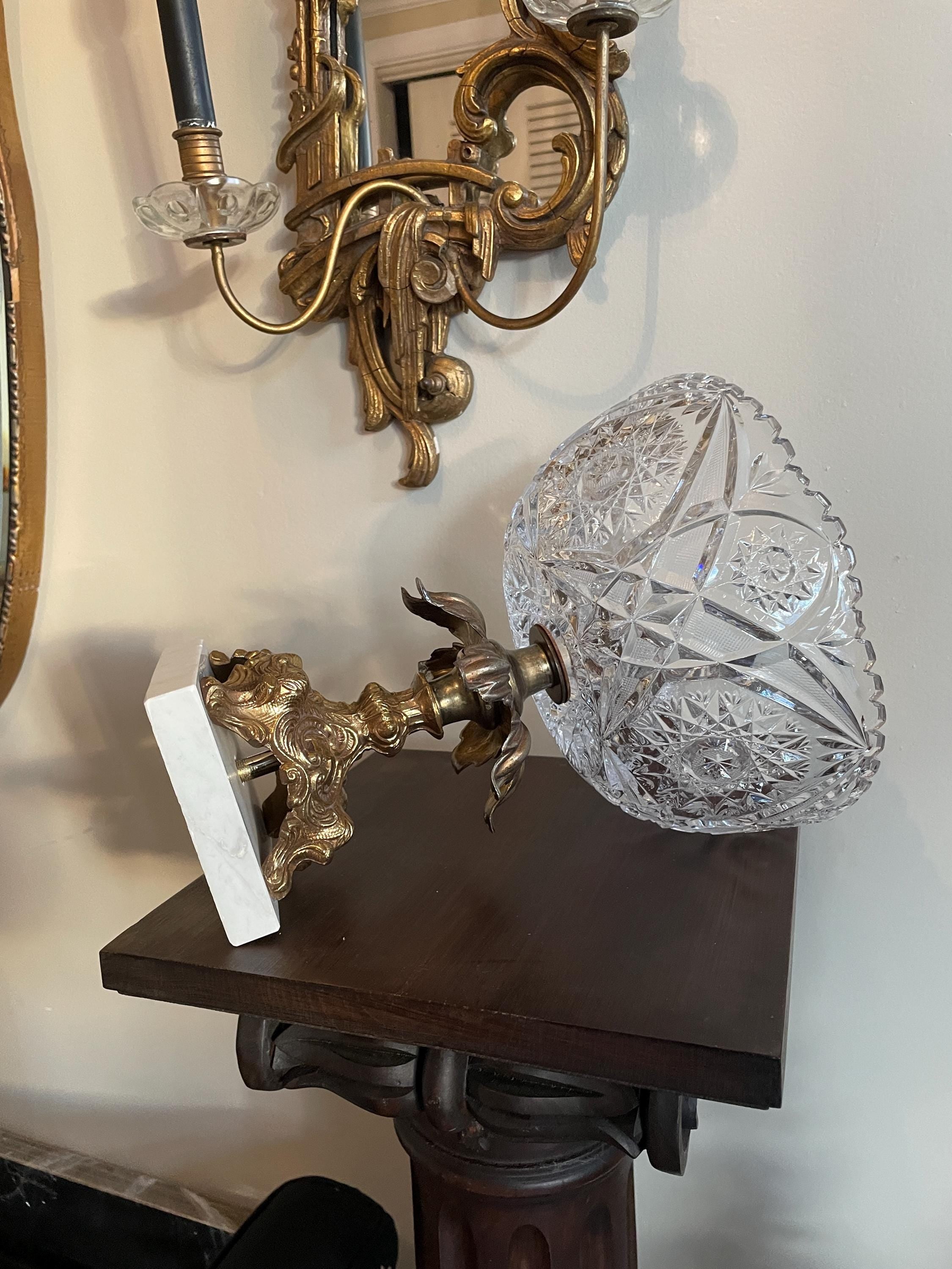Vintage Crystal Cut Glass Bowl on Ornate Brass Marble Base Stunning Centerpiece Decorative Accent Classic Style Elegant Display Decoration
