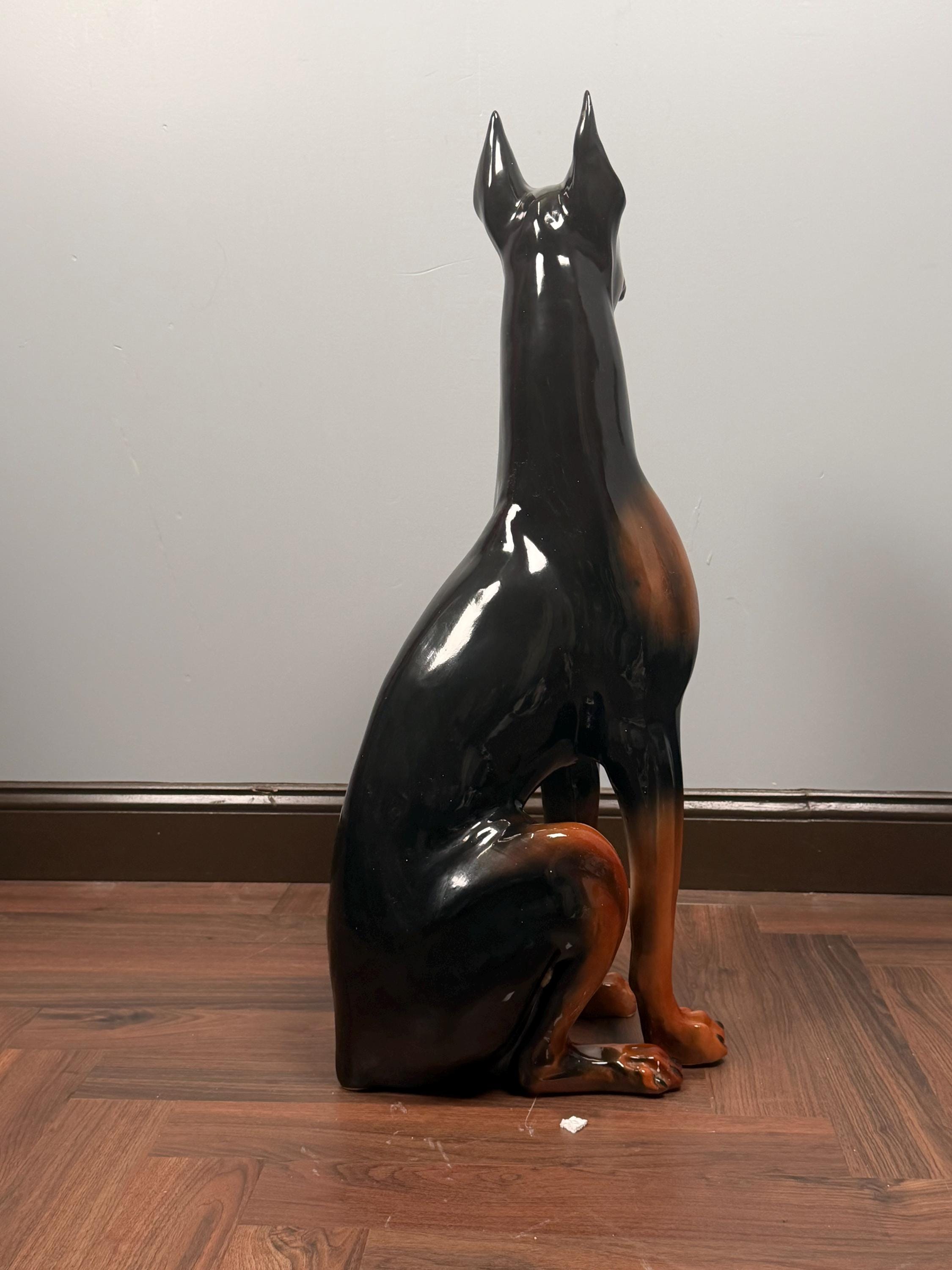 Large Vintage Ceramic Doberman Dog Statue, Black Brown Glazed Figurine, Mid-Century Guard Dog Decor 36.5" x 14"