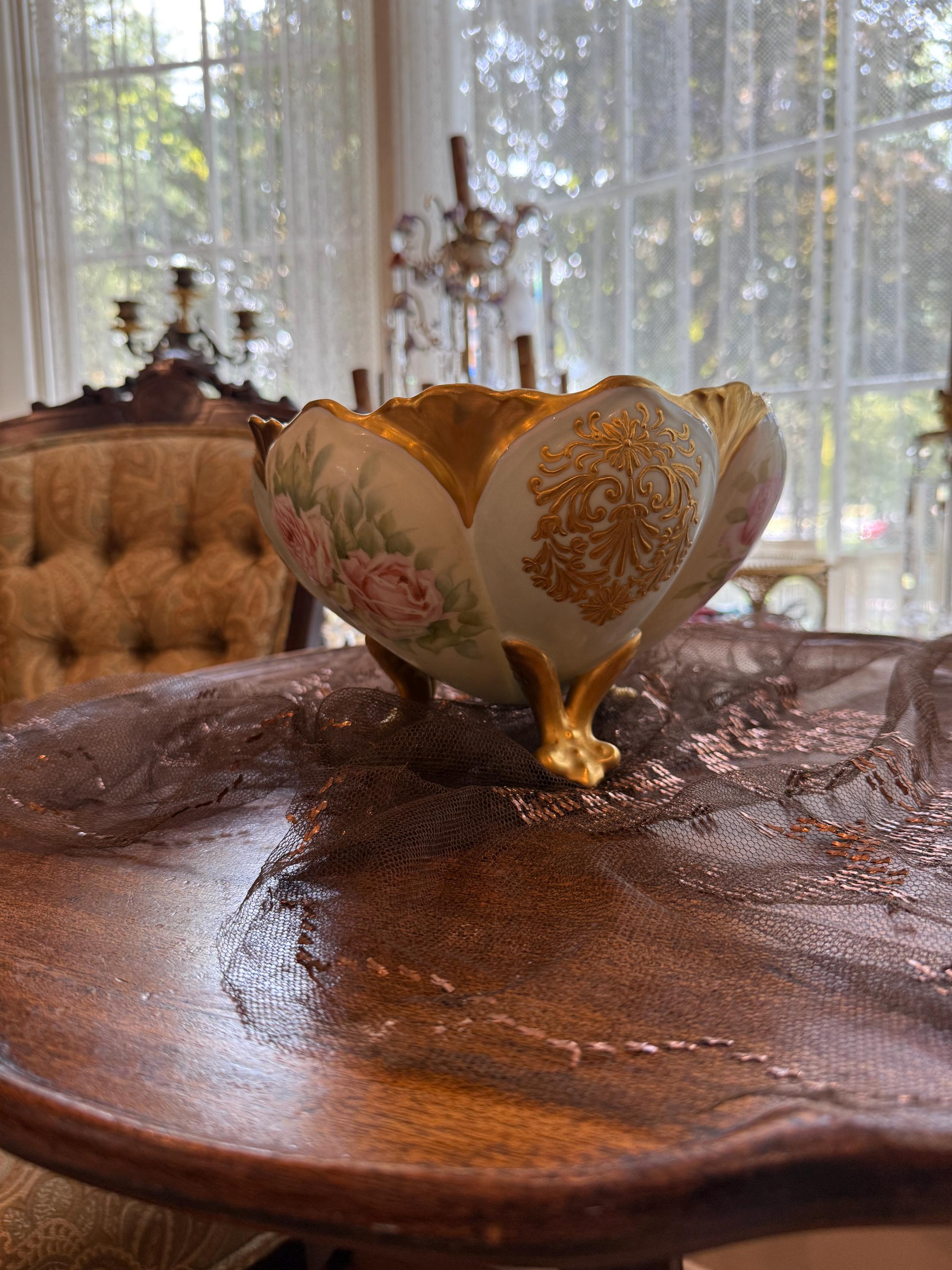 Hand-Painted French Porcelain Footed Bowl with Gold Accents, Vintage Decorative Centerpiece Fruit Bowl  Serving Dish Gold Pink Floral Dish