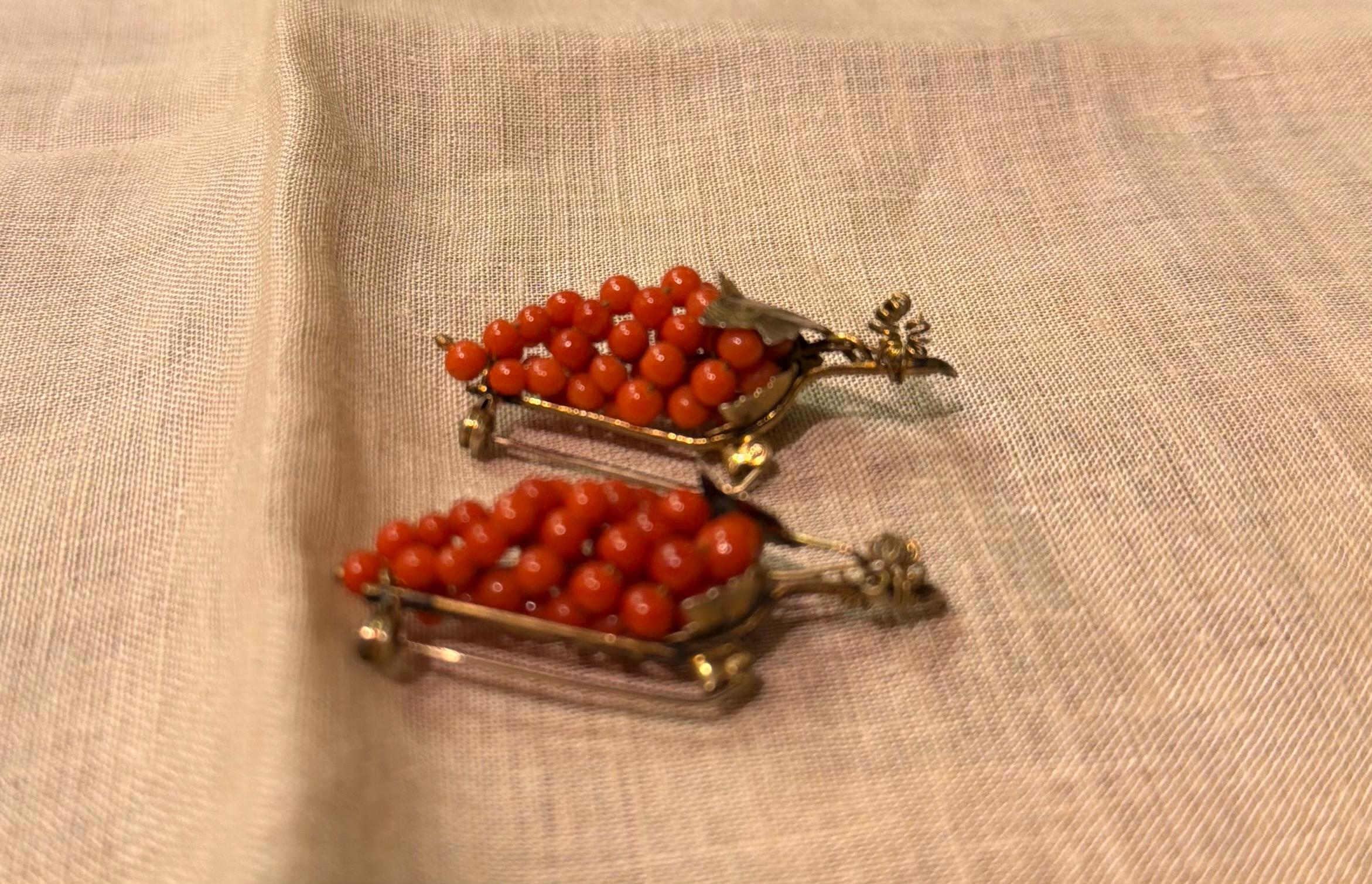 Vintage Italian 800 Silver Grape Cluster Dress Clips Pair Coral Bead Fruit Brooch Mid Century Jewelry