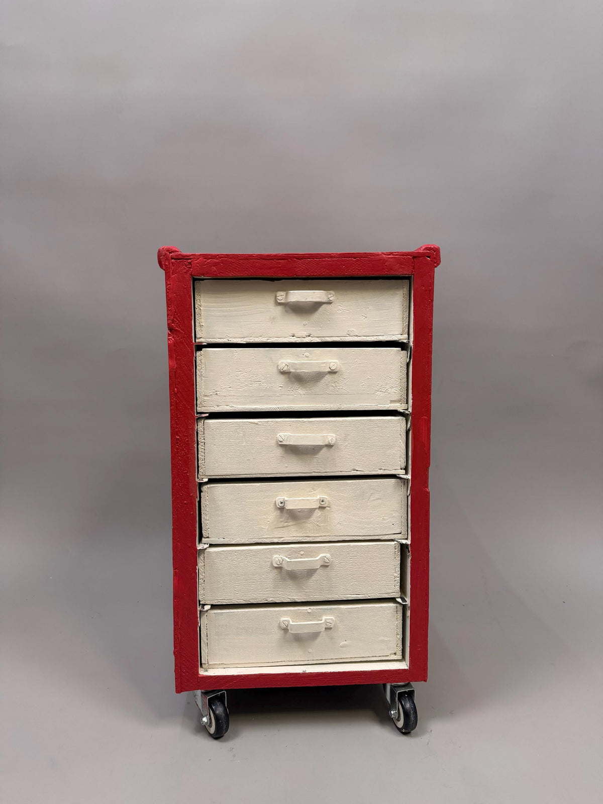 Vintage Wooden Rolling Drawer Cabinet, 6 Drawer Workshop Organizer, Rustic Storage Chest