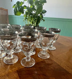 Vintage Silver Rimmed Water Goblets Set Elegant Clear Glass Footed Cups Classic Mid Century Barware Wedding Dinner Display Collection