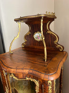 19th Century French Rosewood & Marquetry Louis XV Style Bombe Vitrine Bronze Ormolu Curio Cabinet Hand Painted Porcelain Plaques Home Decor