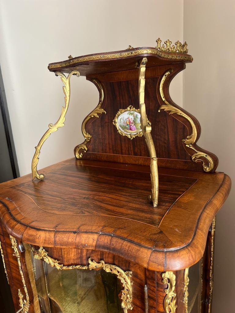 19th Century French Rosewood & Marquetry Louis XV Style Bombe Vitrine Bronze Ormolu Curio Cabinet Hand Painted Porcelain Plaques Home Decor