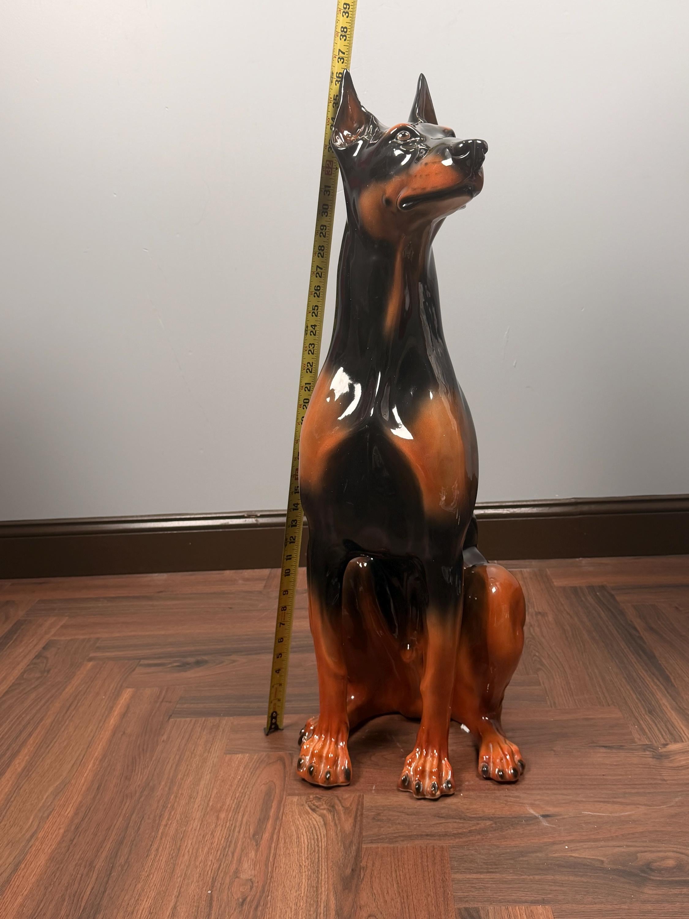 Large Vintage Ceramic Doberman Dog Statue, Black Brown Glazed Figurine, Mid-Century Guard Dog Decor 36.5" x 14"