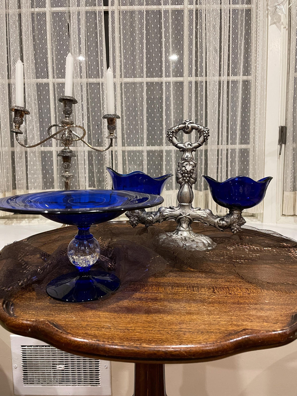 Antique Silver Salt Cellar Cobalt Blue Glass Insert Ornate Grape Design Rococo Centerpiece Victorian Dining Table Collectible Decoration