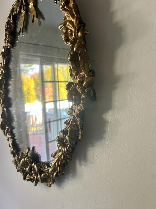 Antique French Rococo Oval Mirror Gilt Floral Frame Ribbon Crest Gold Wall Decoration Statement Piece Baroque Style Accent Home Design