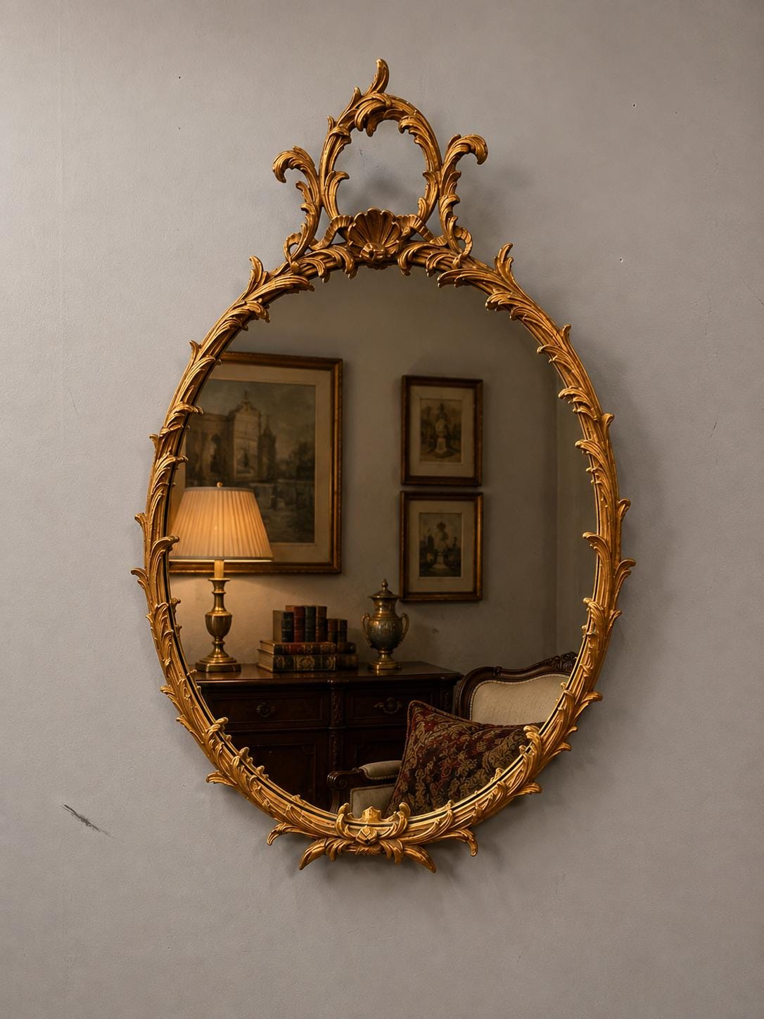 Vintage Rococo Revival Gilt Oval Wall Mirror Louis XV Style