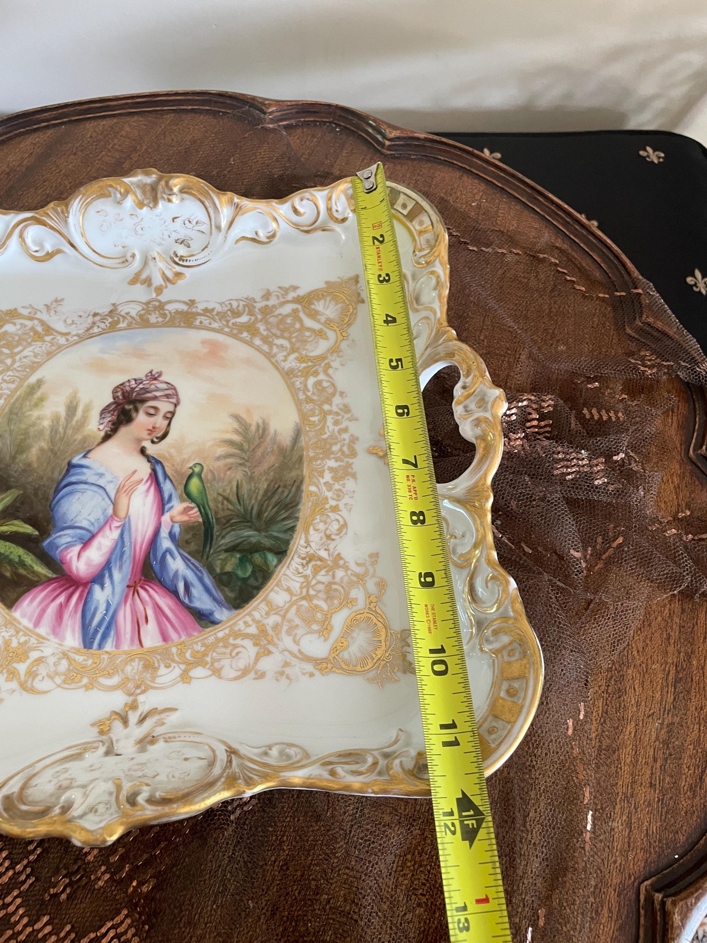 Antique Hand Painted Porcelain Tray Rococo Gold Gilt French Style Victorian Wall Hanging Figurative Decorative Plate Collectible Art Piece