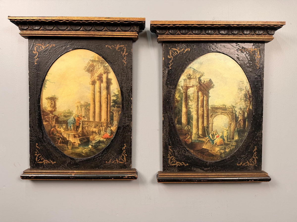 Vintage Pair Neoclassical Grand Tour Wall Panels Roman Ruins Architectural Prints Framed Art