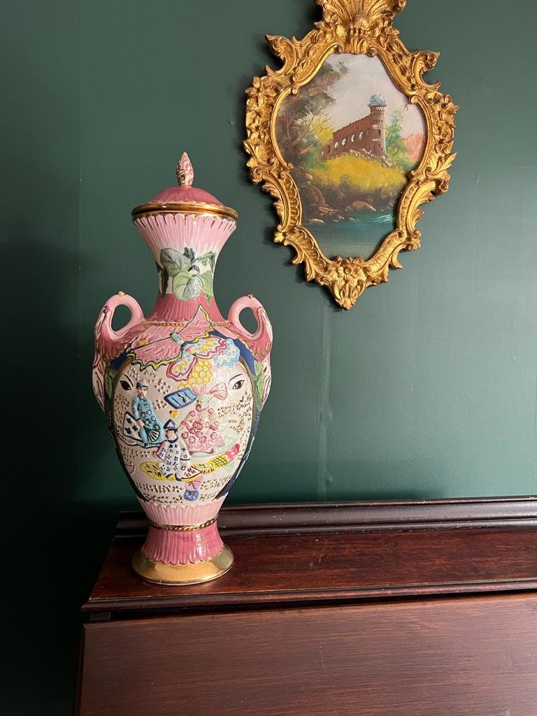 Vintage Hand Painted Oriental Vase Pink Gold Floral Chinese Woman Motif Large Ceramic Urn Decorative Collectible Home Decor Statement Piece