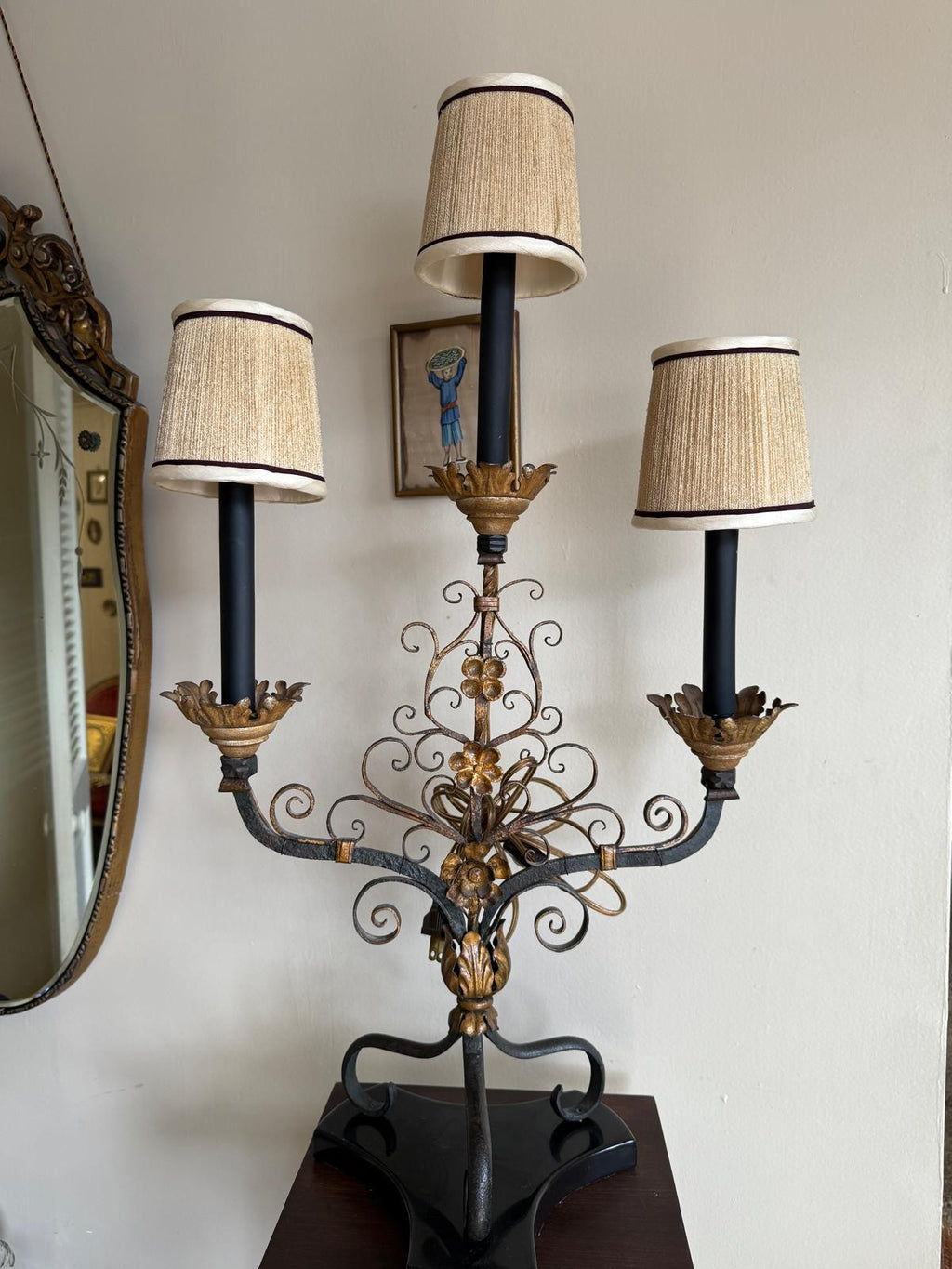 Vintage Wrought Gold Black Iron Electric Candelabra Floral Scroll Base Table Lamp Beige Burlap Shades 3 Lights Ornate Lamp & Shades Elegant