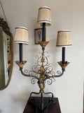 Vintage Wrought Gold Black Iron Electric Candelabra Floral Scroll Base Table Lamp Beige Burlap Shades 3 Lights Ornate Lamp & Shades Elegant