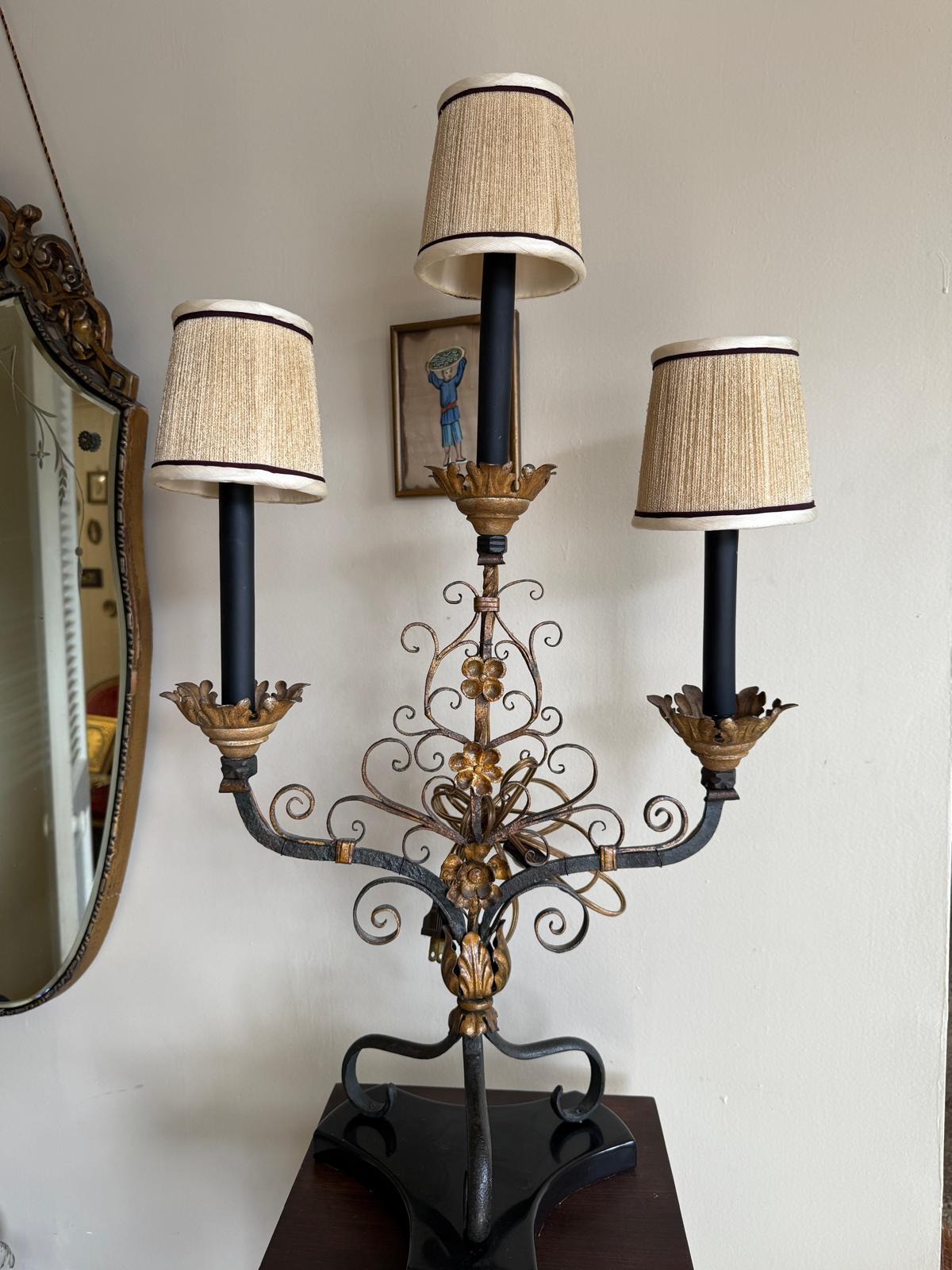 Vintage Wrought Gold Black Iron Electric Candelabra Floral Scroll Base Table Lamp Beige Burlap Shades 3 Lights Ornate Lamp & Shades Elegant